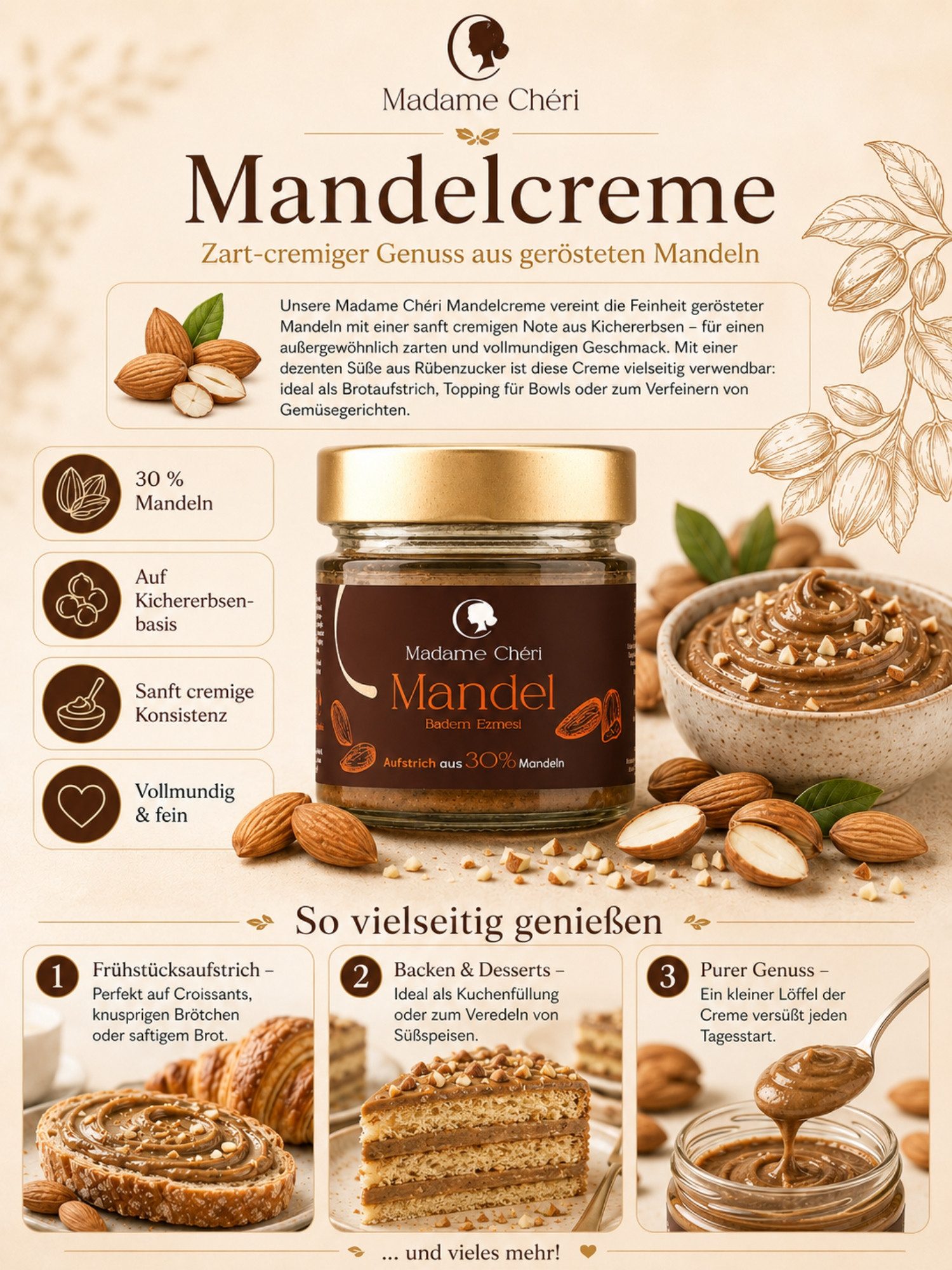 Madame Chéri Nussaufstrich Nusscreme Aufstrich Pistazie Mandel Haselnuss cremig vegan, 30 % Mandeln, vegan, glutenfrei, auf Kichererbsenbasis