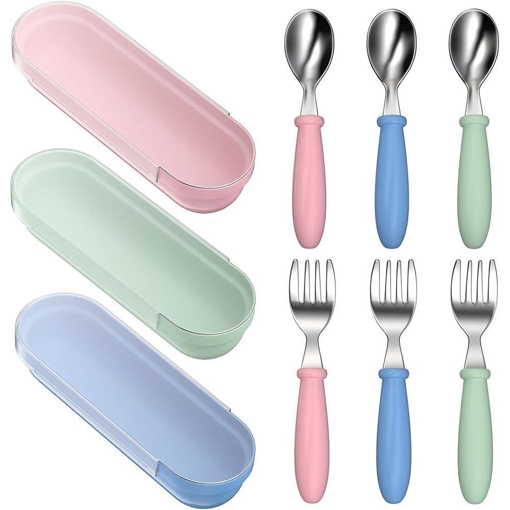 AFKSMILE Kinderbesteck 3 Stück Baby Utensilien Löffel Gabel Set,Edelstahl Kinder Besteck Set (3-tlg), Gabel,Löffel und Aufbewahrungsbox,steigert Appetit und Essbegeisterung