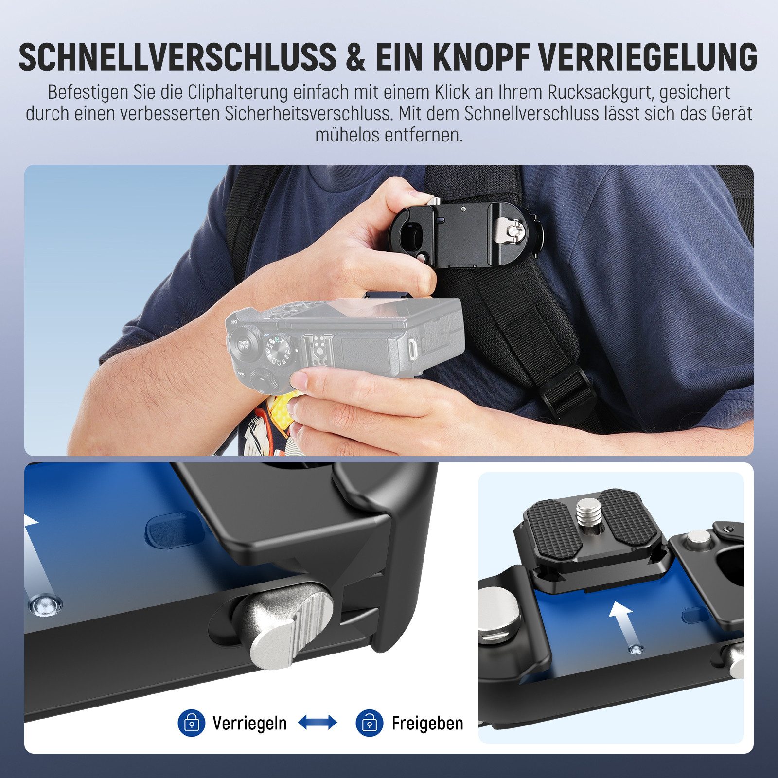 Neewer Kamerahalterung GP67 Rucksack Kamera Clip Halterung mit quadratischer QR Platte, (Packung, verbesserter Sicherheitsriegel, Schnellentriegelung)