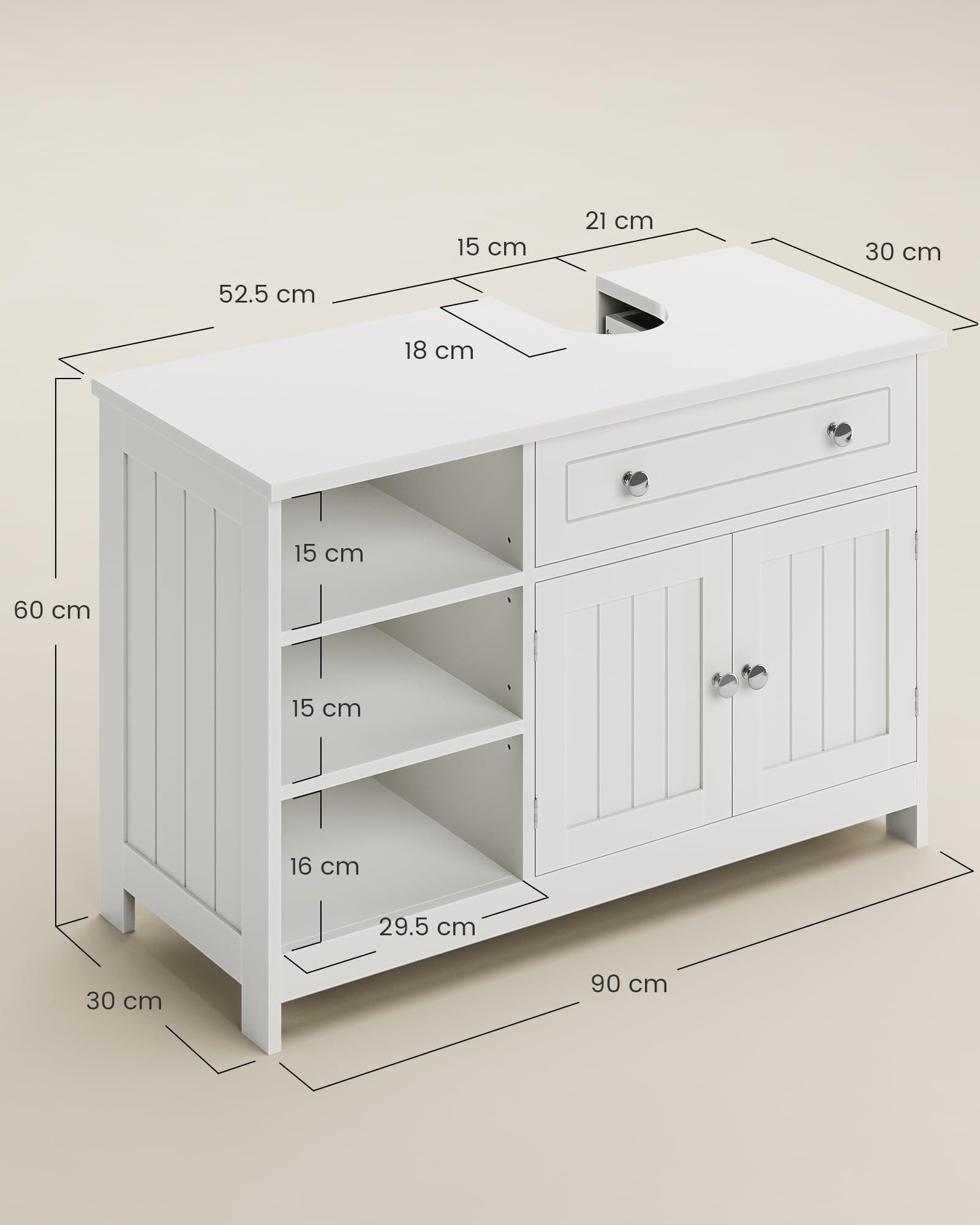 MSMASK Waschbeckenunterschrank Unterschrank Badezimmer Unterschrank mit Schublade 3 verstellbare Ablagen, 2 Türen, 30 x 90 x 60 cm