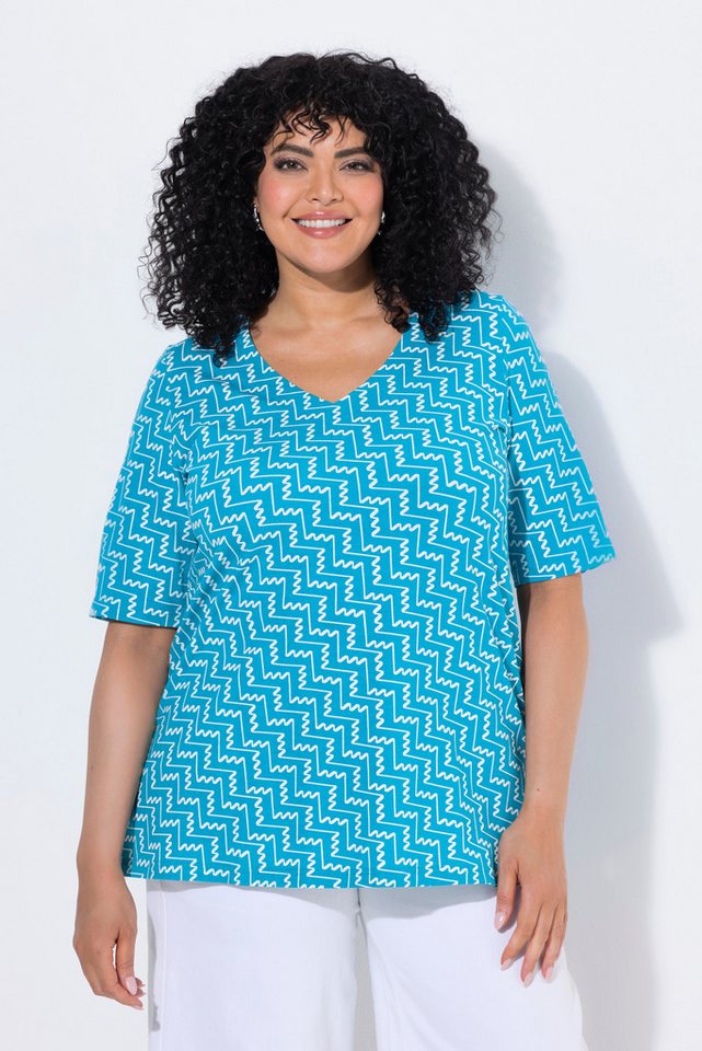 Ulla Popken T-Shirt T-Shirt grafischer Druck V-Ausschnitt A-Linie