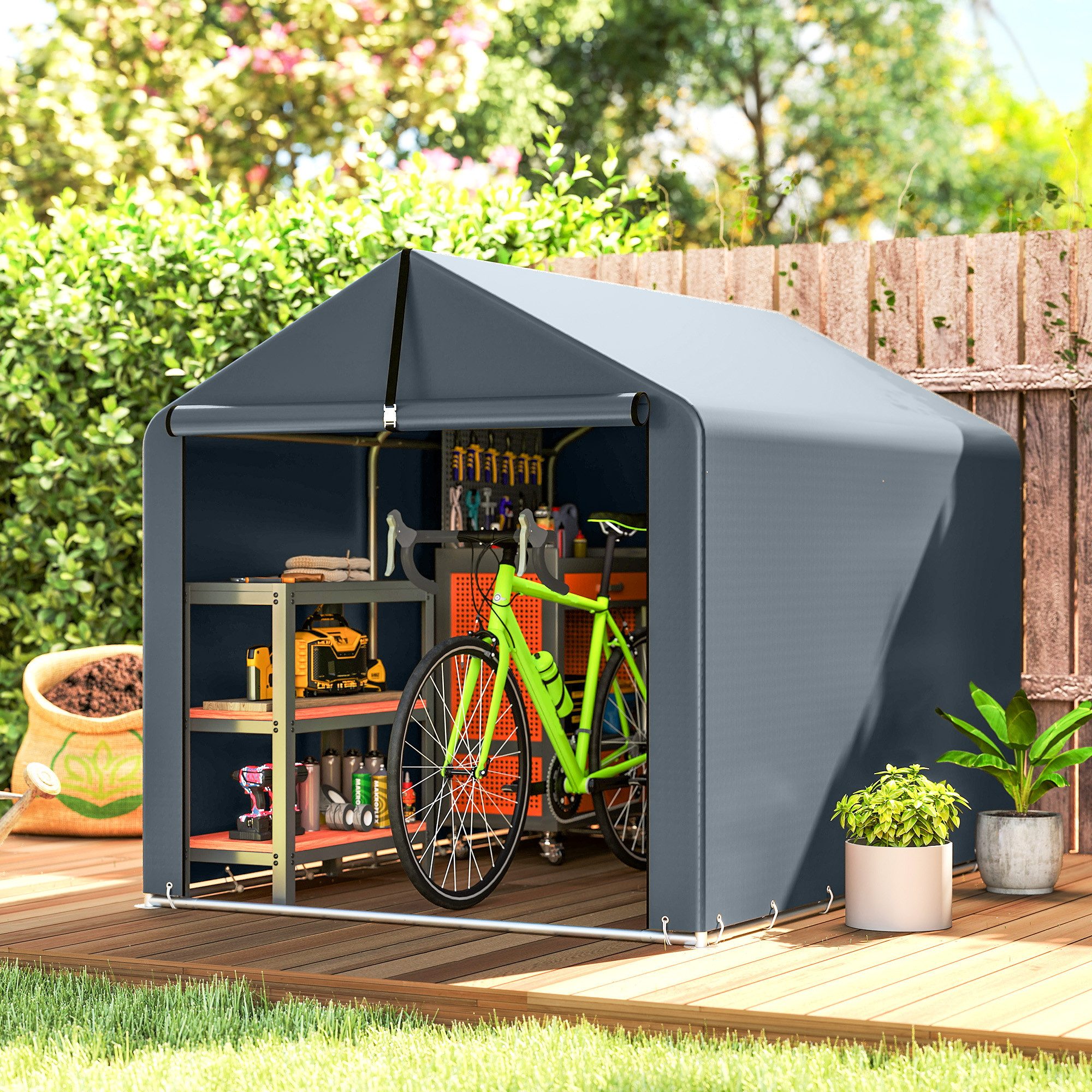 Outsunny Gerätezelt Zeltgarage 2,2 x 1,6 m Wasserdicht mit Rollbar Unterstand, Personen: 1 (Lagerzelt, 1 tlg., Garagenzelt), für Gartengeräte, Motorrad Dunkelgrau