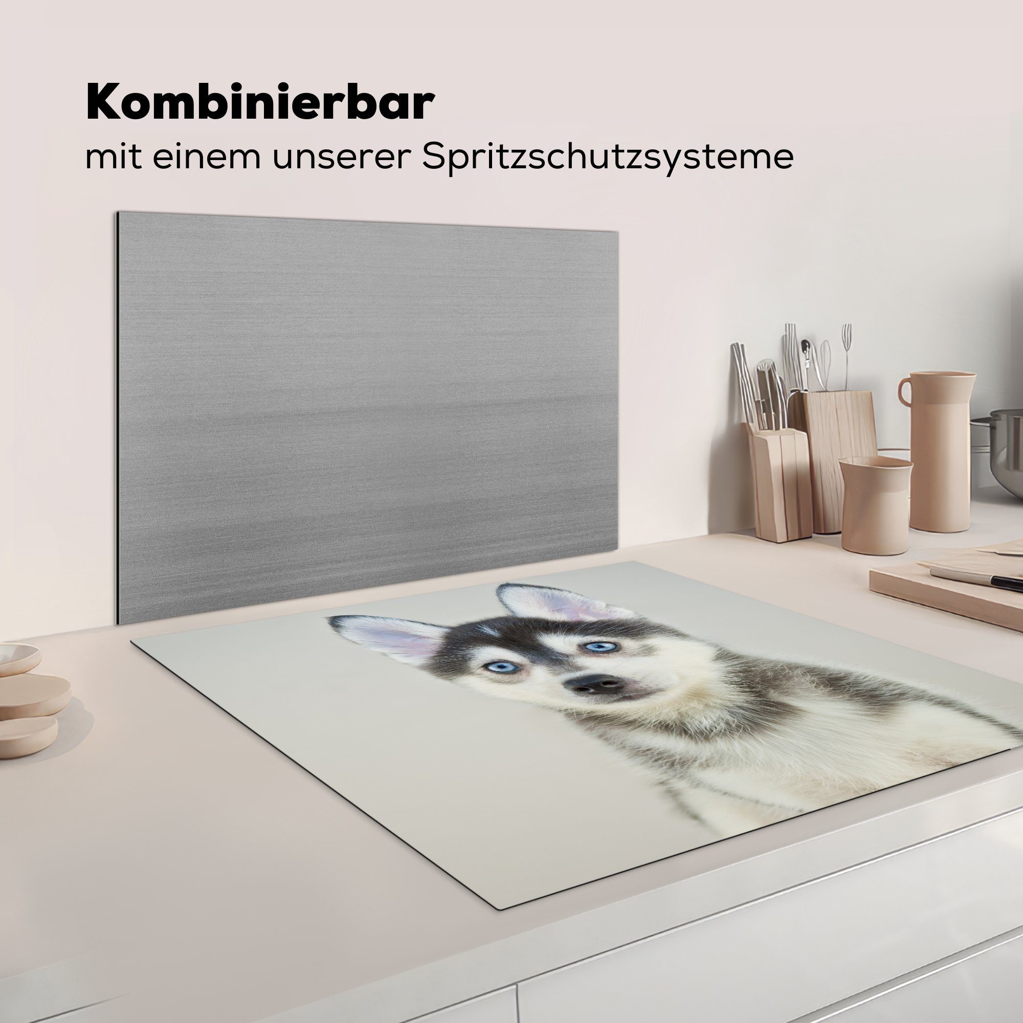 78x78 Herdblende-/Abdeckplatte für Vinyl, tlg), MuchoWow küche cm, Arbeitsplatte Pomsky-Welpen-Porträt, (1 Ceranfeldabdeckung,