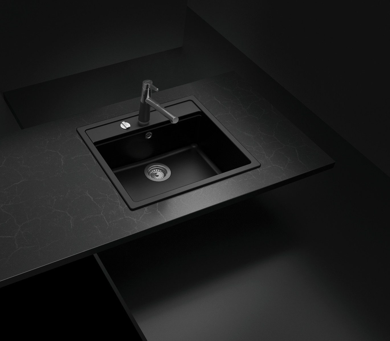 Victory Granitspüle S570 in deep Black 570 x 510 mm in Drehexcentergarnitur in Chrom