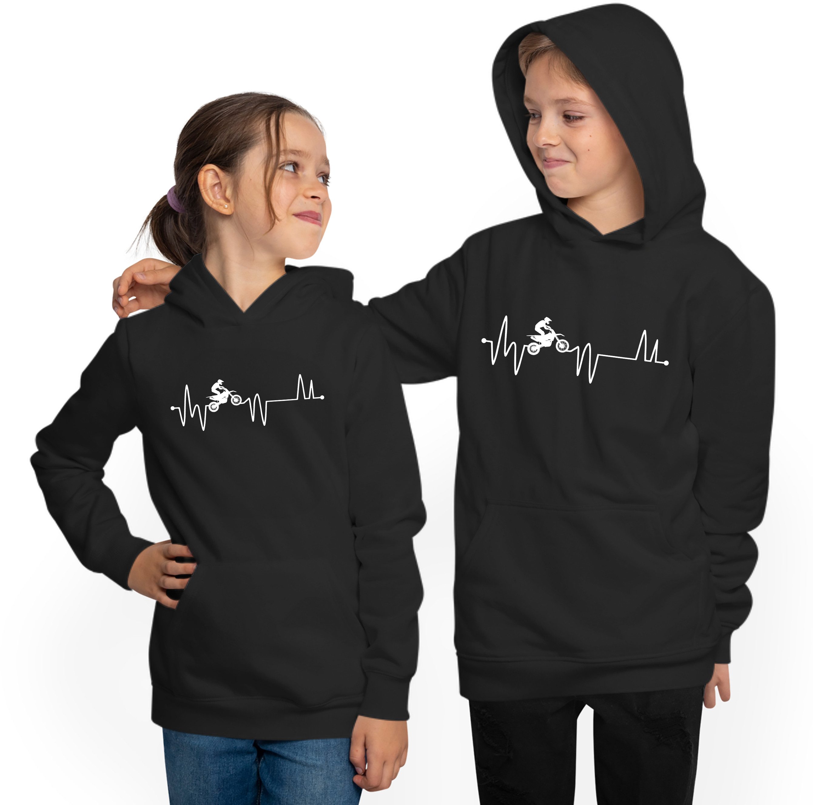 MyDesign24 Hoodie Kinder Hoodie - Herzschlaglinie mit Motocross Motiv EGK Kapuzen Pulli schwarz i589