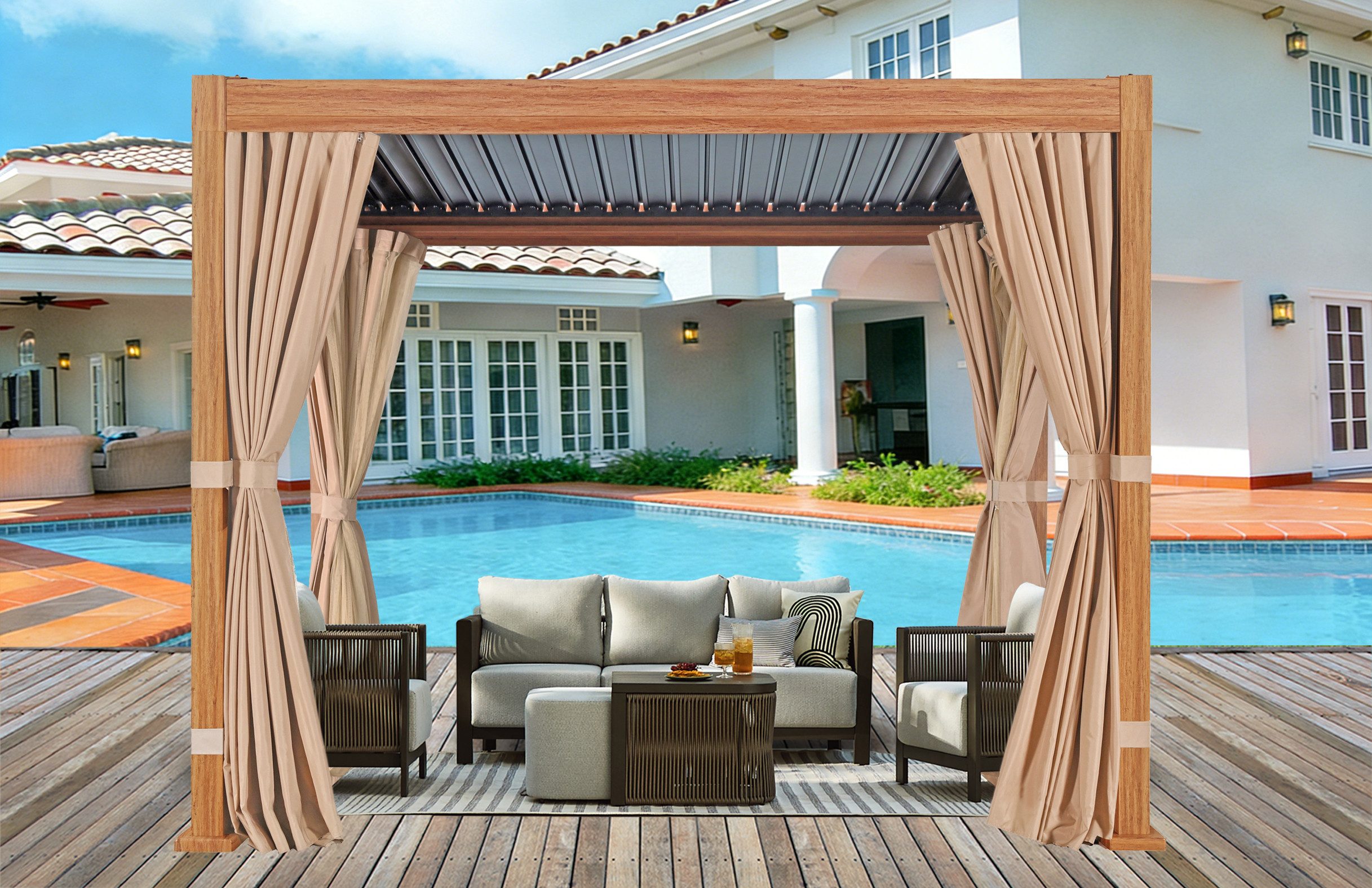 KONIFERA Pavillon Pergola Alhambra, Terrassendach mit Aluminiumpfosten, 3x3 oder 3x4 m, holzfarben, 4 Seitenteile, verstellbare Dachlamellen