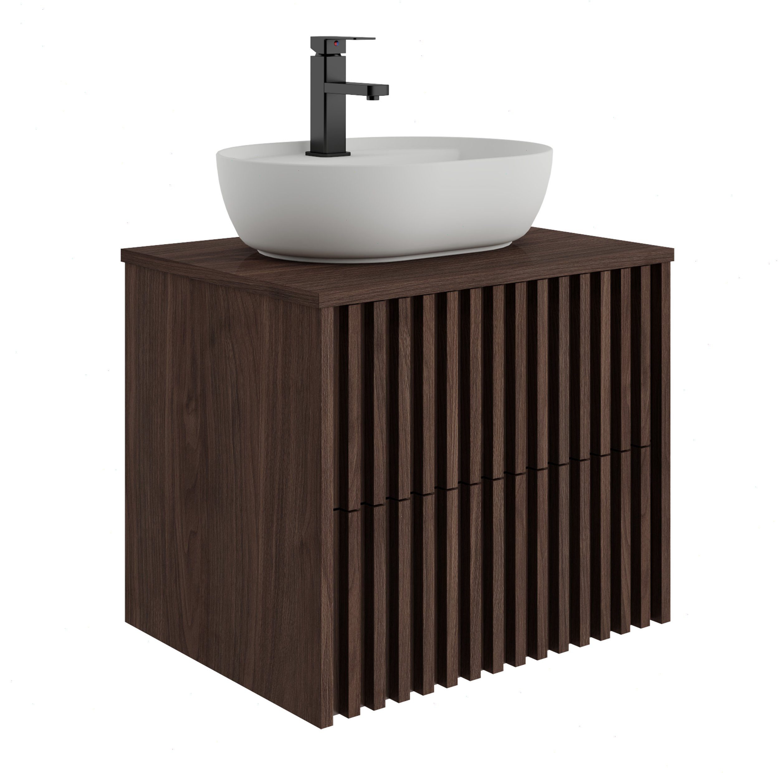 UEV Waschtisch mit Unterschrank hängend Ovales Keramikwaschbecken (Komplett-Set Badmöbel, Badezimmmer Schrank, mit Wasserhahn und Pop-up-Ablassventil Aufsatz-Waschbecken), Soft-close Schubladen,Waschbeckenunterschrank mit 2 Schubladen
