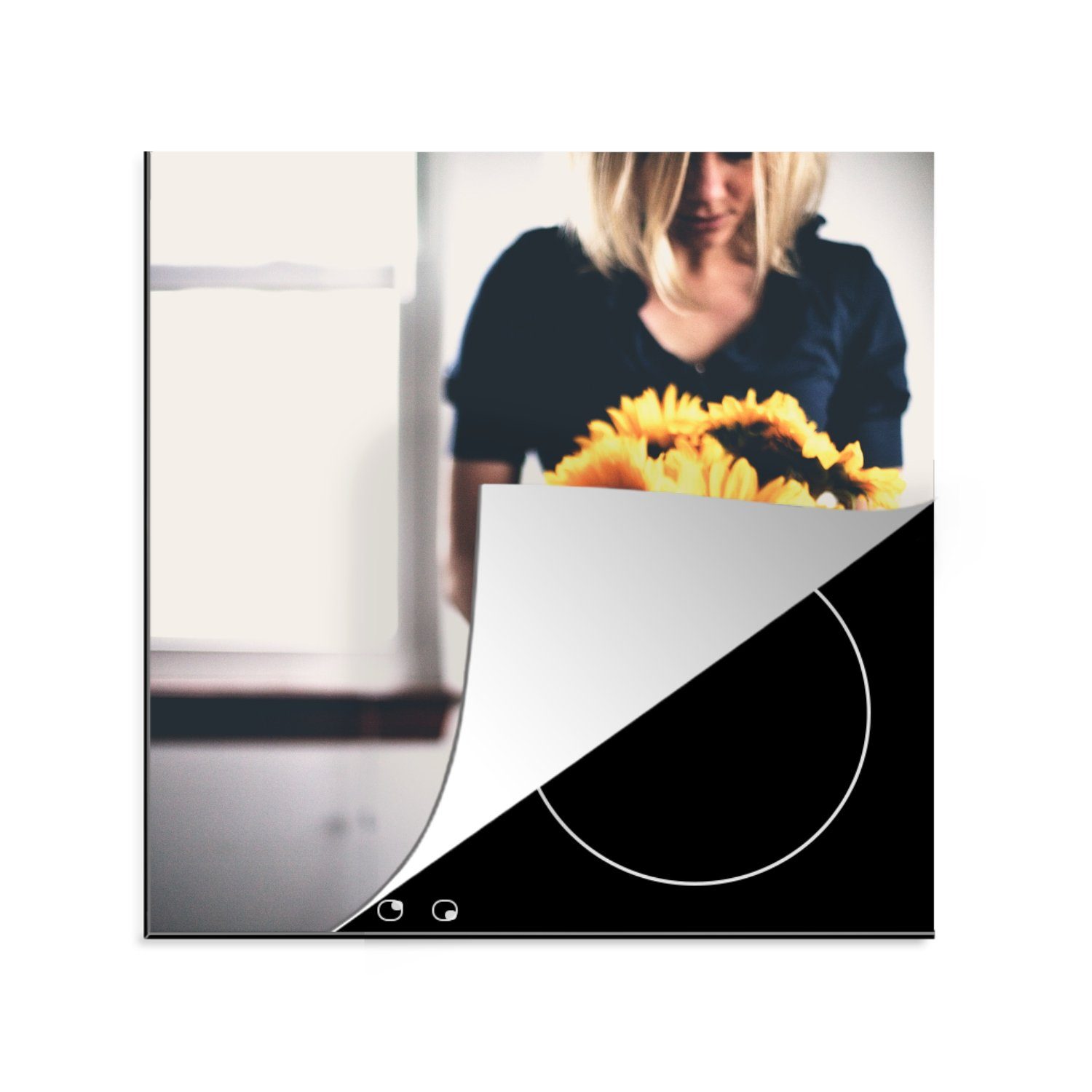 MuchoWow Herdblende-/Abdeckplatte Blumen - Frau - Sonnenblume - Blumenstrauß, Vinyl, (1 tlg), 78x78 cm, Ceranfeldabdeckung, Arbeitsplatte für küche