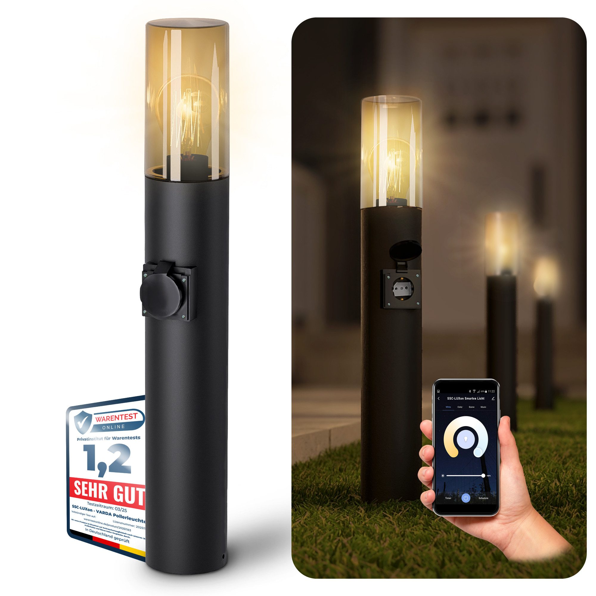 SSC-LUXon LED Gartenstrahler VARDA Wegeleuchte mit Steckdose Smart LED E27 WLAN dimmbar Weißtöne, Warmweiß bis Tageslicht