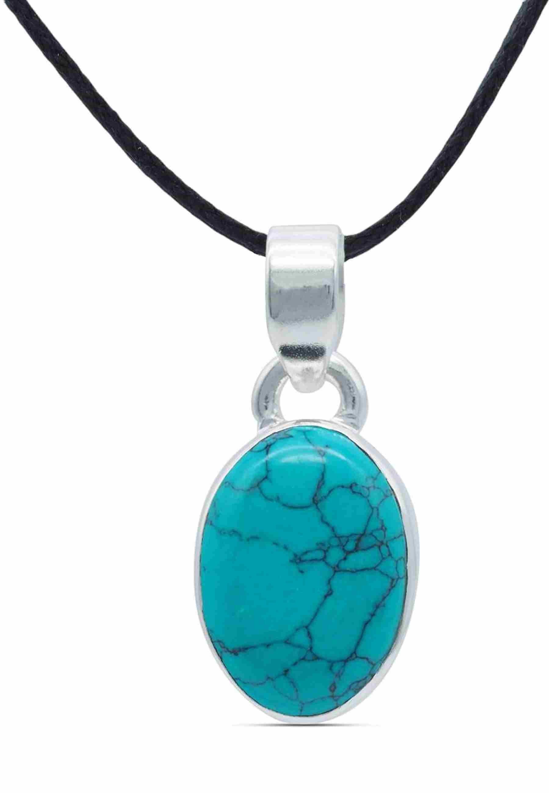 mantraroma Kettenanhänger SAMA oval aus 925 Silber mit Türkis (Kettenanhänger am Baumwollband im Schmuckbeutel), 925 Sterling Silber Kettenanhänger für Damen