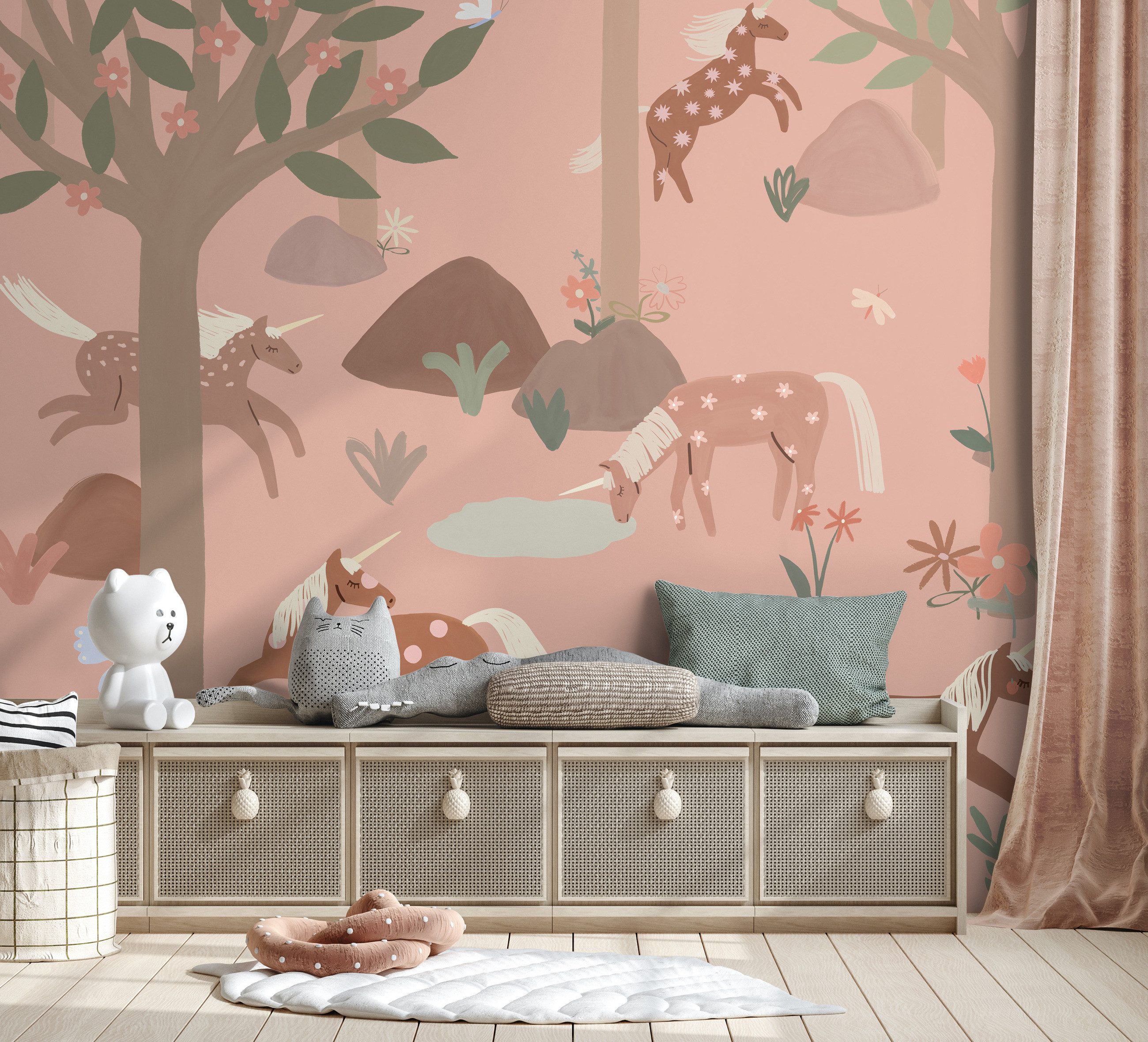 Rasch Fototapete Kinderzimmer Einhorn in Rosa, Roomblush Unicorn RB351, glatt, gemustert, Wald, (1 St), für Mädchen