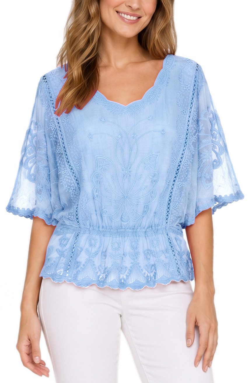 dy_mode Spitzenbluse Damen Sommerbluse mit Spitze Kurzarm Oberteil Einfarbig Transparent in Unifarbe, transparenten Ärmel