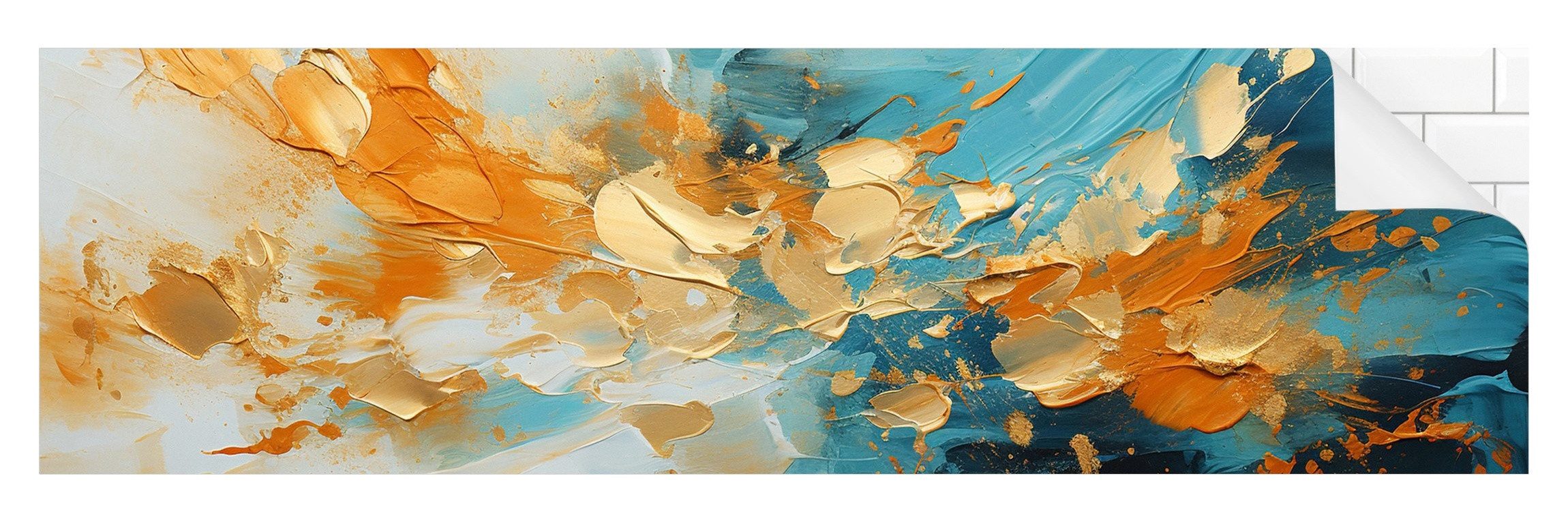Bilderdepot24 Badrückwand gold fugenlose Wandverkleidung Bad Abstrakt, (Hartfolie matt » Selbstklebend SMART 0,35 mm), wasserfestes Wandpaneel Impasto Türkis Ocker