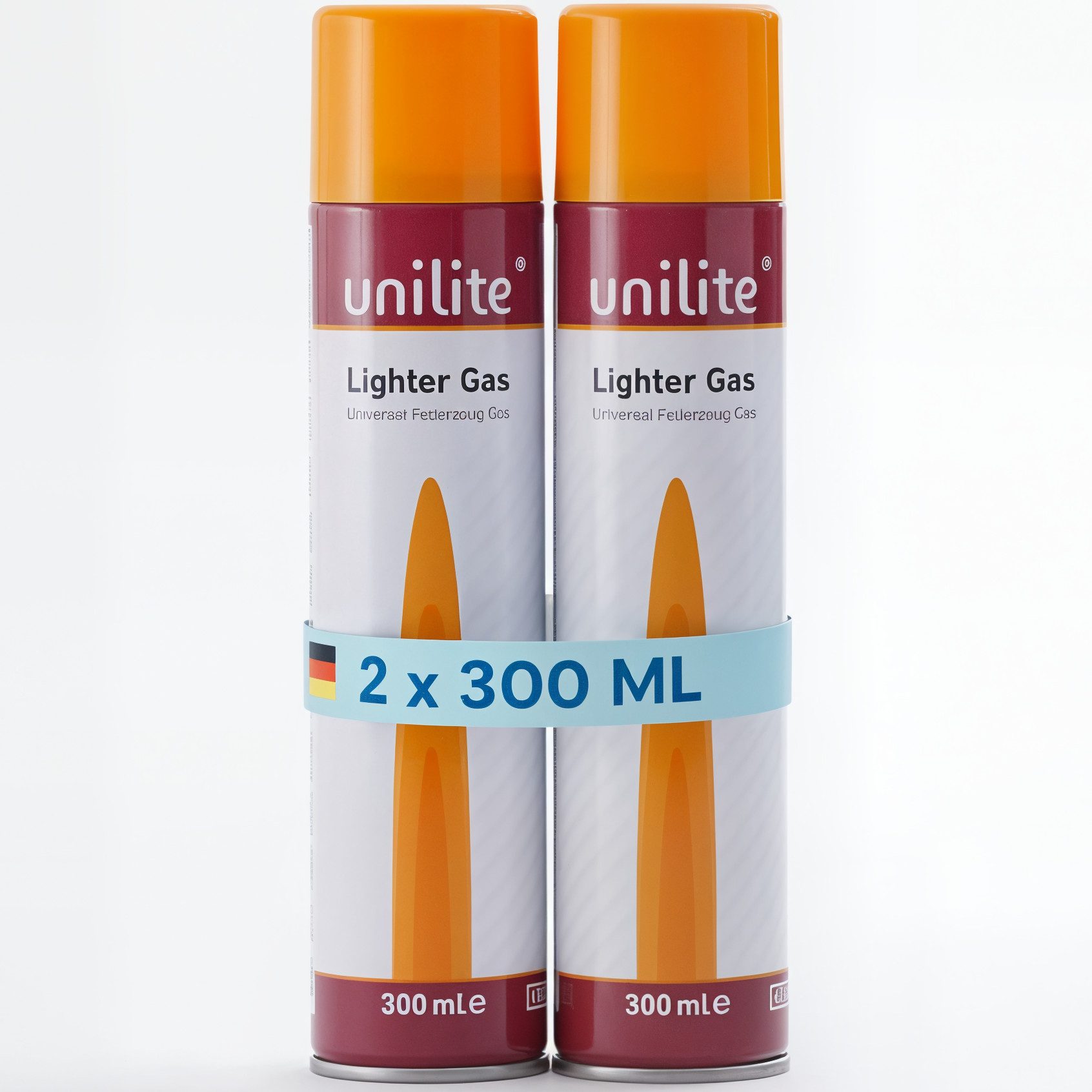 Unilite Gaskartusche Feuerzeuggas mit 6 Adaptern, Nachfüllgas für Feuerzeuge, 2 St., 2 x 300ml Set, Küchenbrenner, Flammbierer, Stabfeuerzeuge