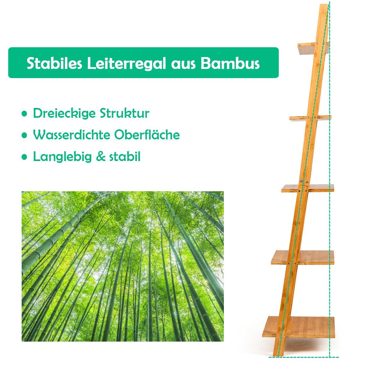 43x35x165cm COSTWAY Bambus, Bücherregal Ebenen, Leiterregal, schmal, 5