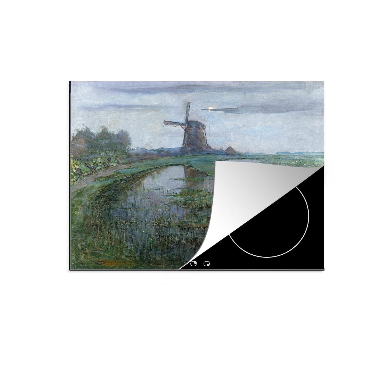 MuchoWow Herdblende-/Abdeckplatte Windmühle auf der Gein im Mondlicht - Piet Mondrian, Vinyl, (1 tlg), 59x52 cm, Ceranfeldabdeckung für die küche, Induktionsmatte