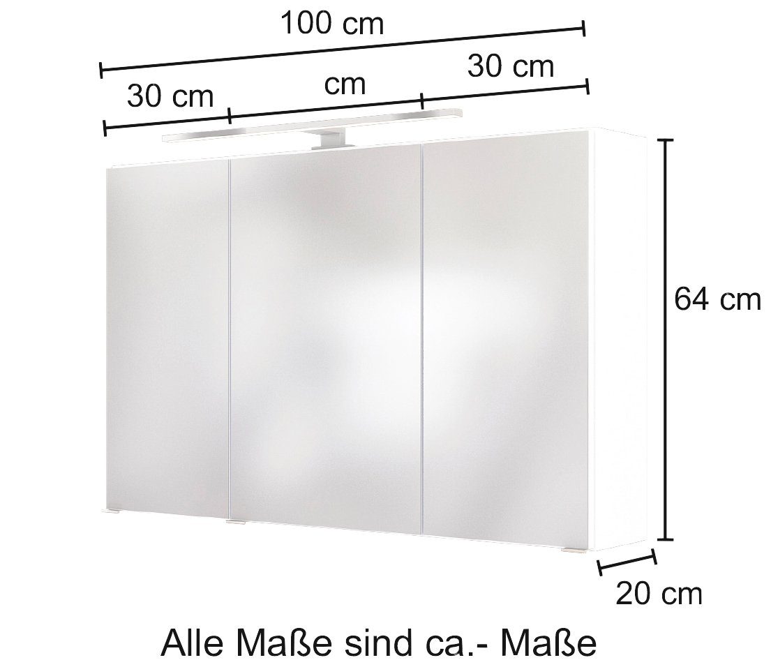 3D-Effekt, cm, Baabe weiß Spiegelschrank MÖBEL Spiegeltüren 3 weiß | dank mit Breite HELD 100