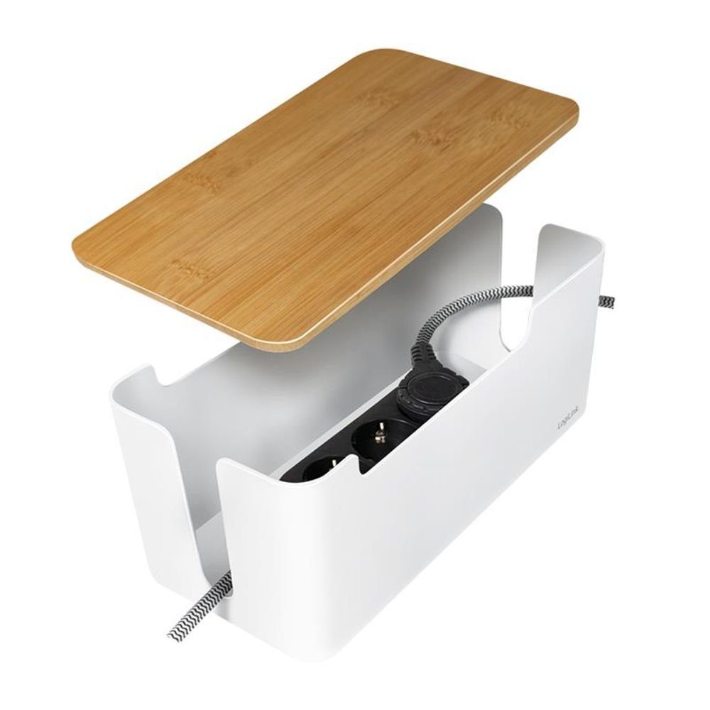 LogiLink Kabelbox KAB0075, 320 x 140 x 130 mm, mit Bambus-Deckel, Kabelschutz, Steckdosenschutz, Kabelmanagement, für Steckdosenleiste und Kabel, Weiß