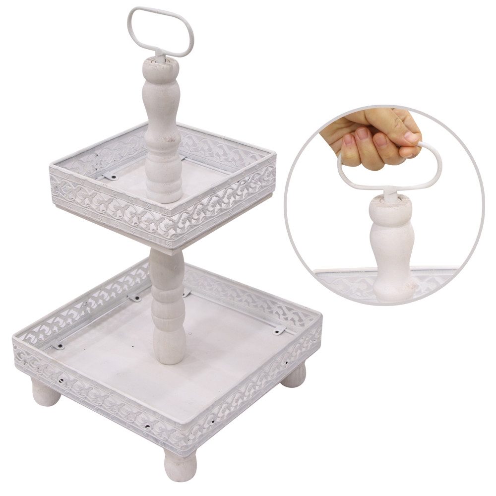 Melko Etagere Servierplatte Servierständer Etagere 2 Stöckig Holz Braun Weiß 51 CM, Metall, (Stück, 1-tlg., Servierschale), Massivholz