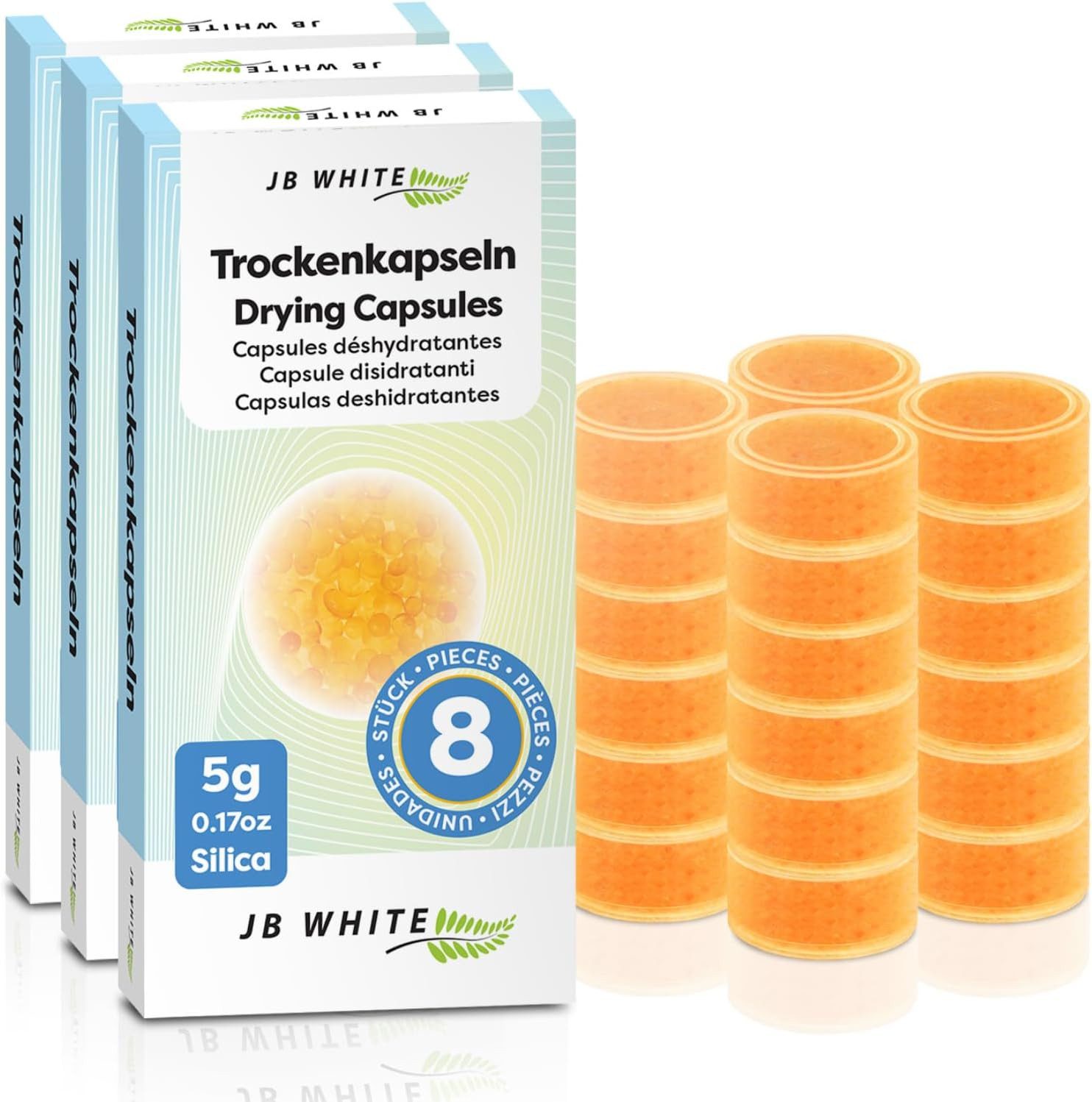JB White Cerumenfilter Trockenkapseln 5g für Hörgeräte (8 / 16 / 24), Kieselgel-Perlen mit Farbindikator zur Entfeuchtung, 100% kompatibel z