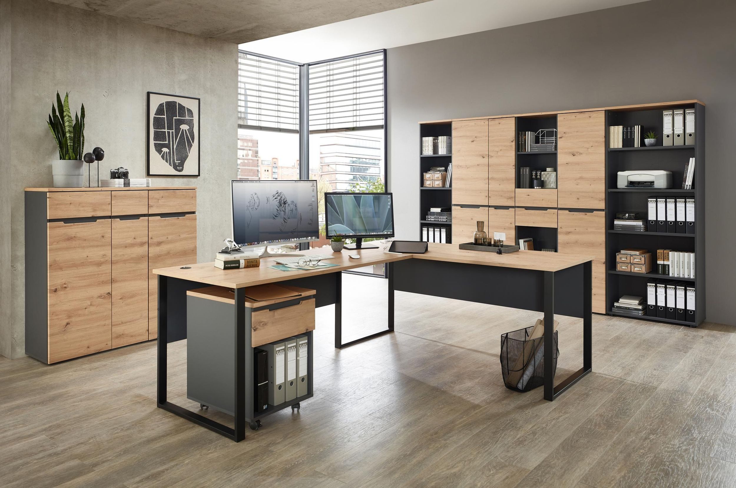 Innostyle Büromöbel-Set Komplettbüro MEMPHIS XI 9-teilig Front Artisan Eiche Korpus Graphit, (Komplett-Set, 9-tlg., 4x Schrank, 3x Regal, 1x Schreibtisch, 1x Rollcontainer)