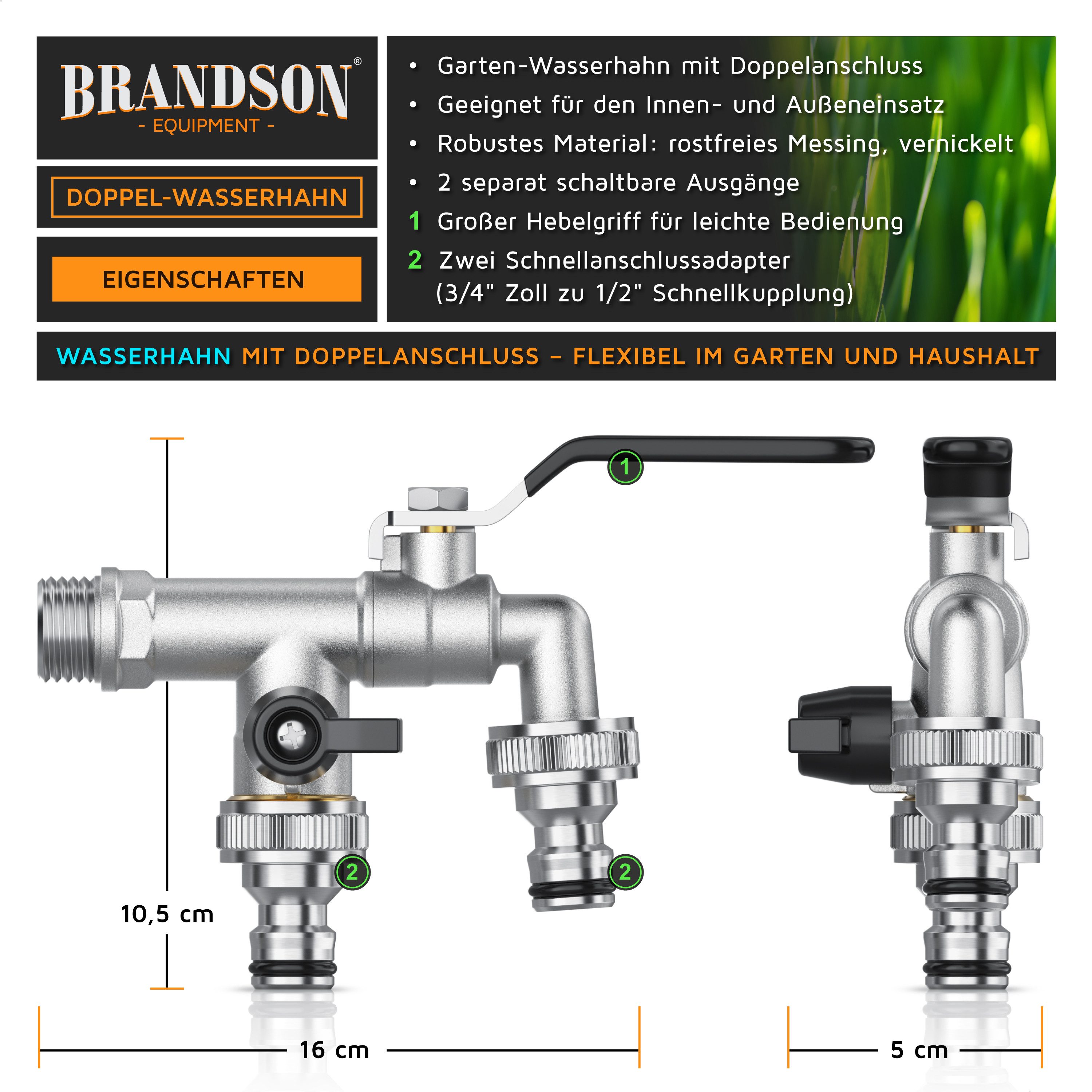 Brandson Absperrventil Absperrventil Wasserhahn Garten 1/2 Zoll & 3/4 Zoll aus Messing, (4-tlg), 2 separat schaltbare Ausgänge, Schnellkupplung, Dichtband für Garten