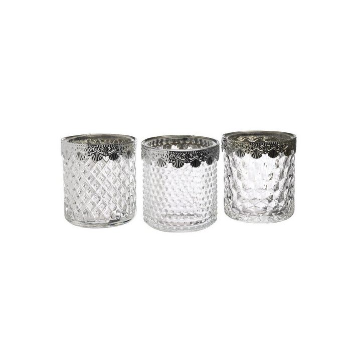 Depot Teelichthalter Teelichthalter-Set Börje (Packung 3 Teelichthalter in unterschiedlichen Designs) aus Eisen Glas Ø 8 Zentimeter H 9 Zentimeter