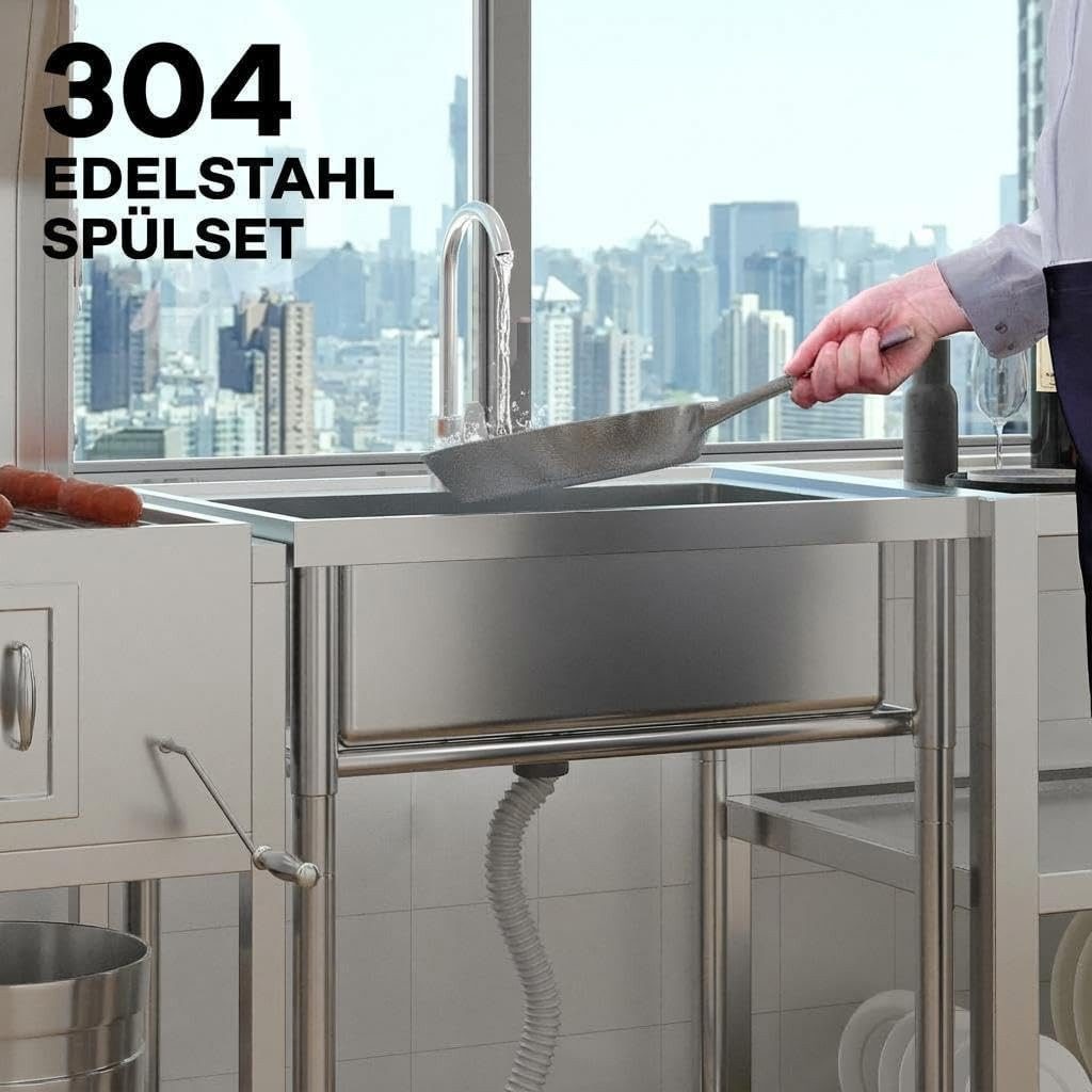 GarveeMore Waschtisch-Set Praktisches Spülset aus Edelstahl – Einbecken mit Ablaufsystem, 360° schwenkbarem Wasserhahn, Festwasseranschluss, 60 x 50 x 105 cm