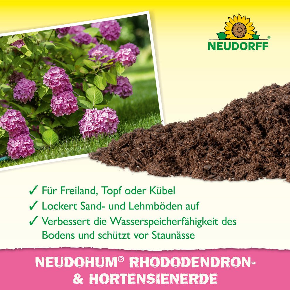 Neudorff Spezialerde NeudoHum Rhododendron- und HortensienErde 40 Liter, mit Organischer Naturdünger, (Torffreie Rhododendronerde für alle Moorbeetpflanzen, für Rhododendron, Azaleen, Kamelien, Heidepflanzen und Hortensien), Torffreie Spezialerde mit niedrigem pH-Wert