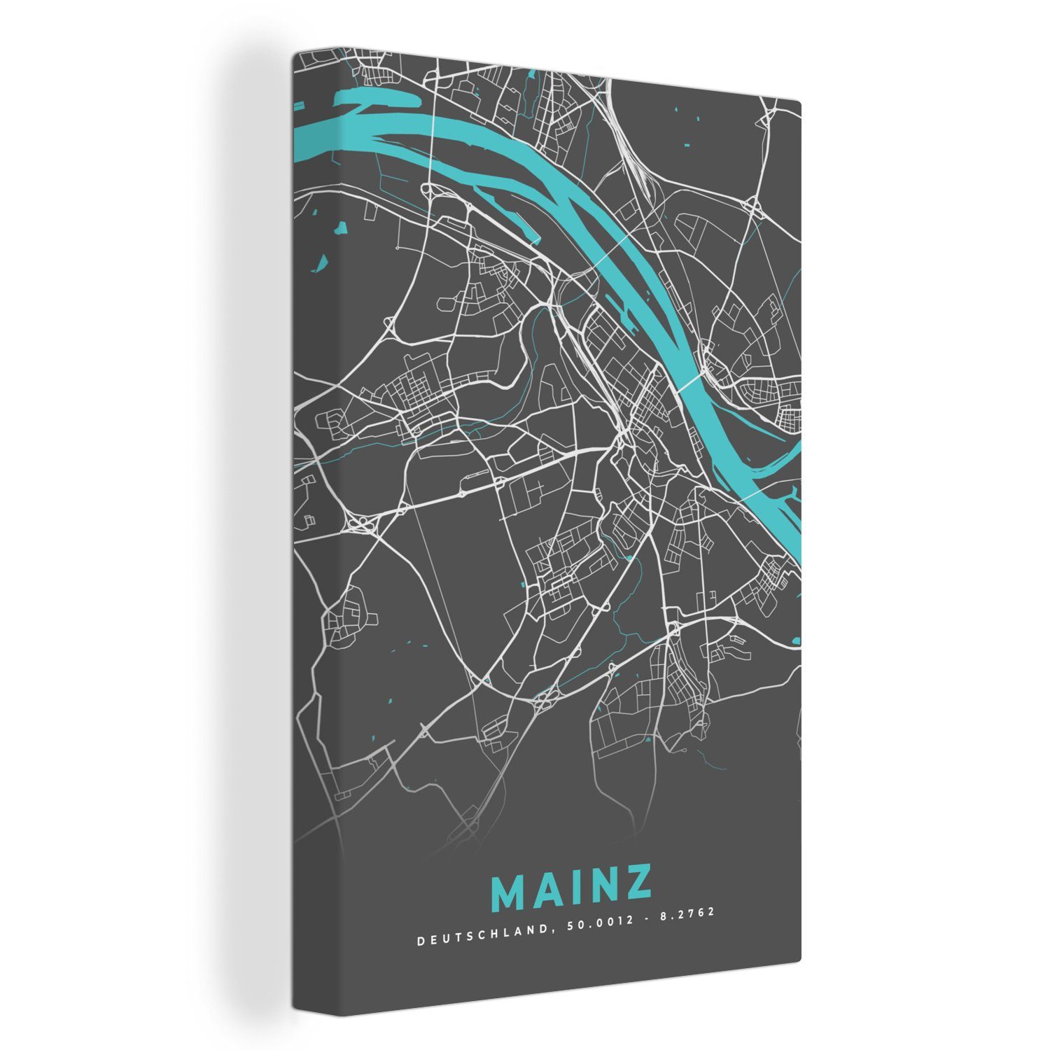 OneMillionCanvasses® Leinwandbild Stadtplan - Karte - Mainz - Blau - Deutschland - Karte, (1 St), Leinwandbild fertig bespannt inkl. Zackenaufhänger, Gemälde, 20x30 cm
