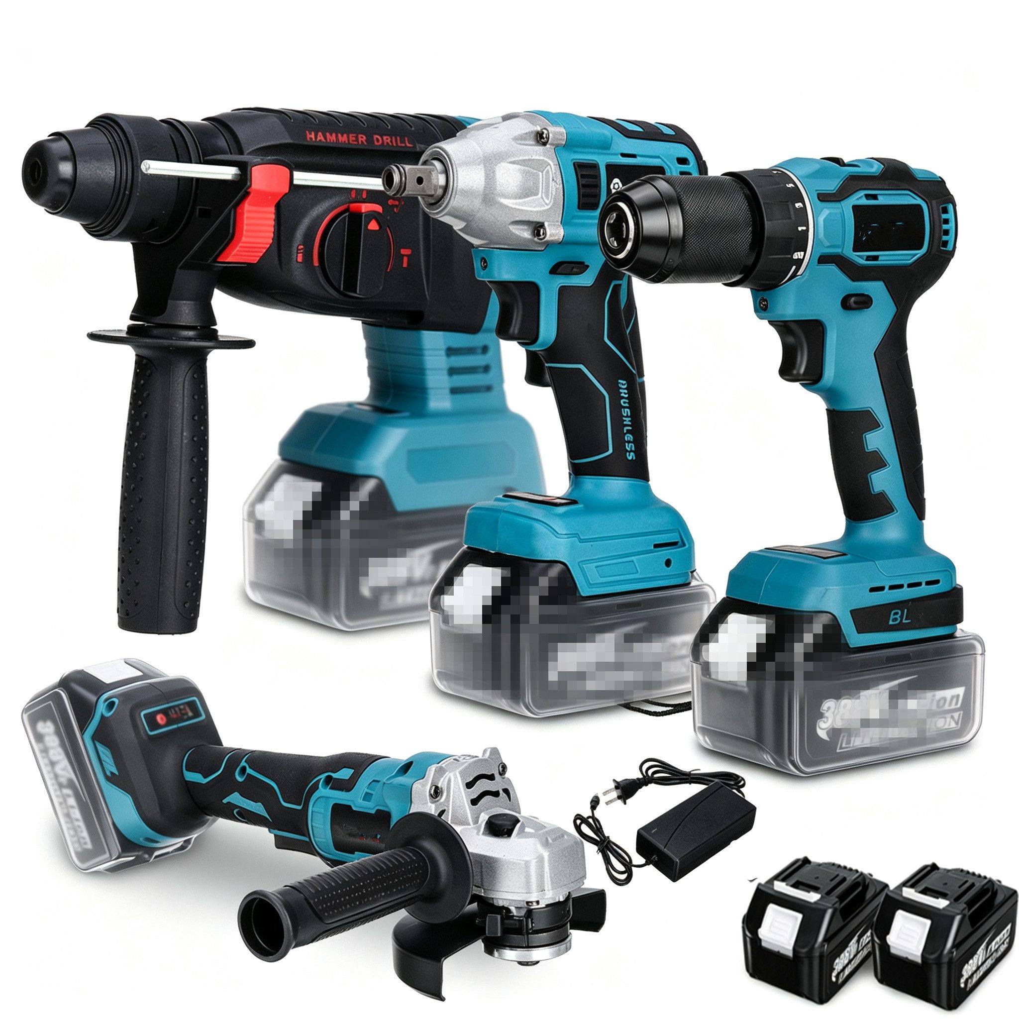 AUDEW Akku-Bohrschrauber 4 in1 Professional Elektrowerkzeug-Set inkl. Bohrhammer, (125mm Winkelschleifer, Akku-Bohrmaschine, Schraubenschlüssel), mit 2 Akkus Set