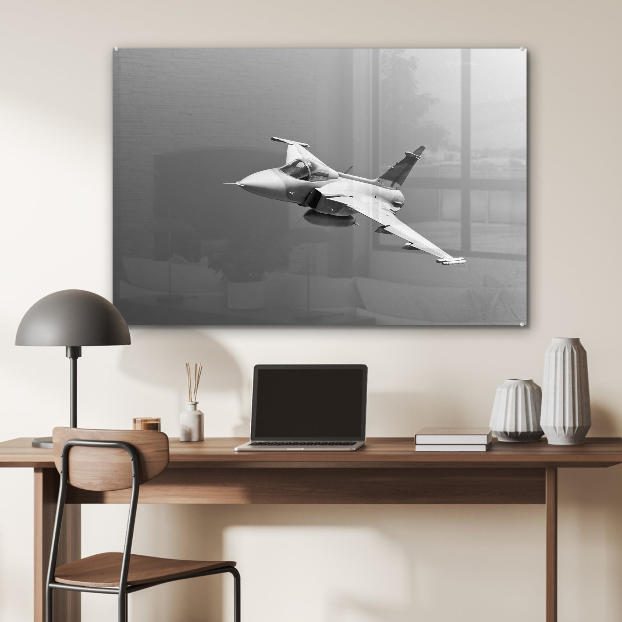 MuchoWow Acrylglasbild Ein weiß, Kampfjet Wohnzimmer (1 Schlafzimmer klaren schwarz - weißer und am & St), Acrylglasbilder Himmel