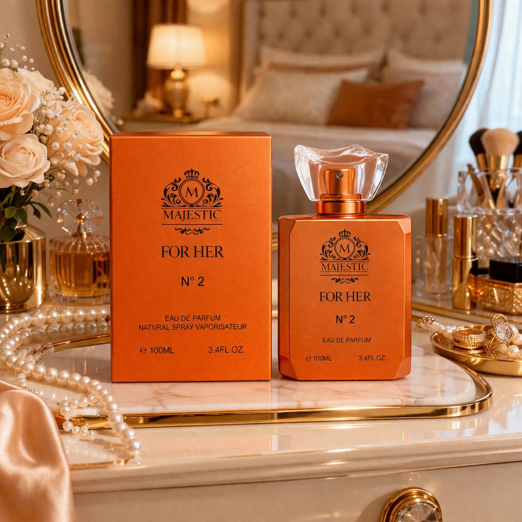 Fine Perfumery London Eau de Parfum Majestic No.2 for Her Inspiriert von Bitter Peach Made in UK 100 ml, 1-tlg., Luxuriöser Damenduft, langanhaltend, edle Verpackung, Premium