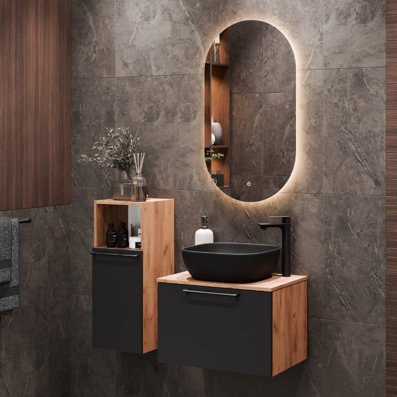 Planetmöbel Badmöbel-Set ASTRA Waschtischunterschrank 60 cm mit Midischrank, (Waschbeckenunterschrank, 3-St., Badezimmerschrank), Badezimmer Möbel im modernen Design