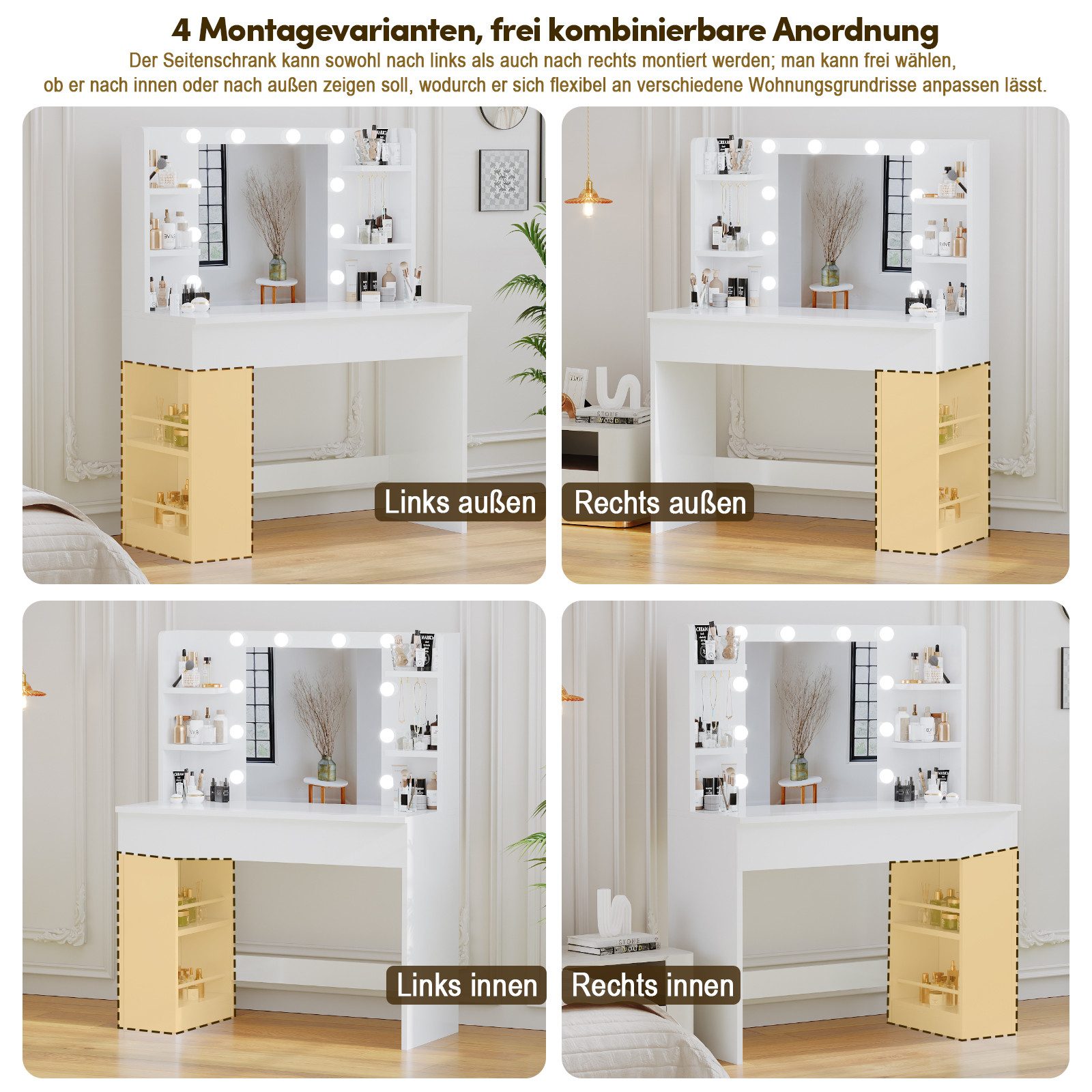 HOMALL Schminktisch mit Spiegel, LED-Beleuchtung, einstellbare Helligkeit, ostern (Langex Brete x Hthe) 90/110 x 40x 135 cm. B ofene Facher (2 seitiche Facher s – Bild 4 von 5
