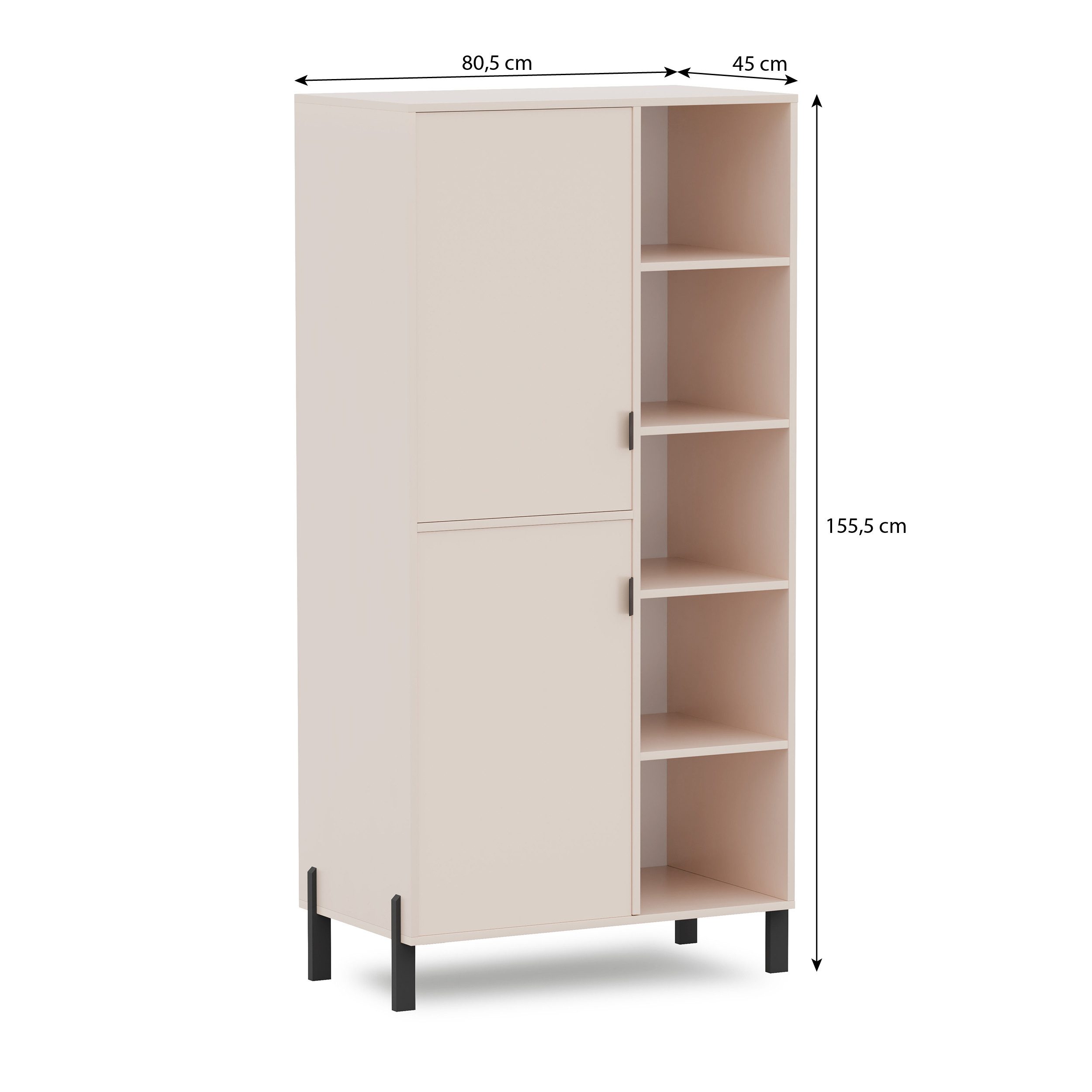 Beautysofa Bücherregal CORTINA Regal mit 2 Türen & 4 offenen Fächern, Farbe Sandbeige, Breite: 80 cm