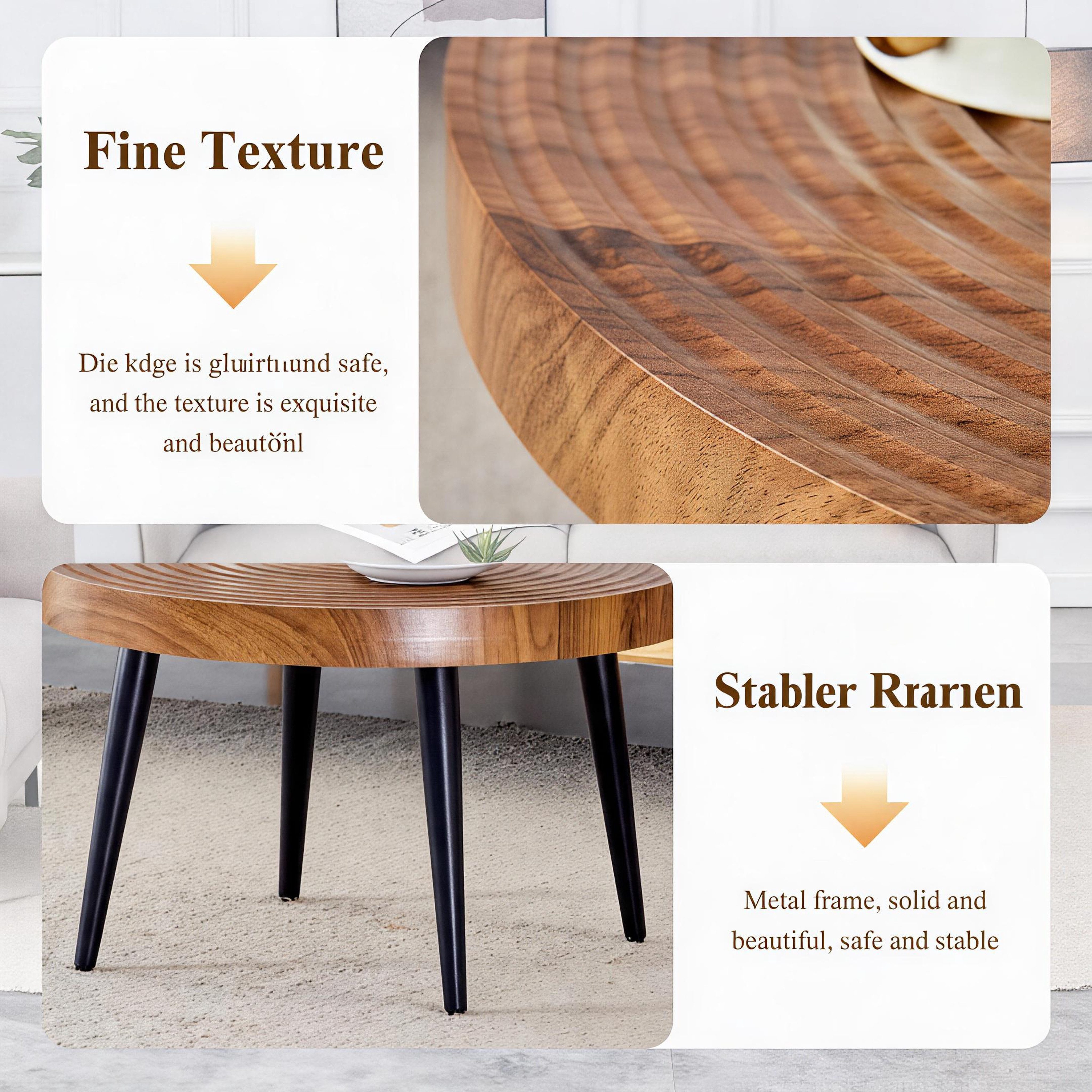 i@home Couchtisch Runder 5 cm starker Platte die Jahresringe aufweist (Packung Set), mit verstärkter Tischplatte und schlanken schwarzen Metallbeinen