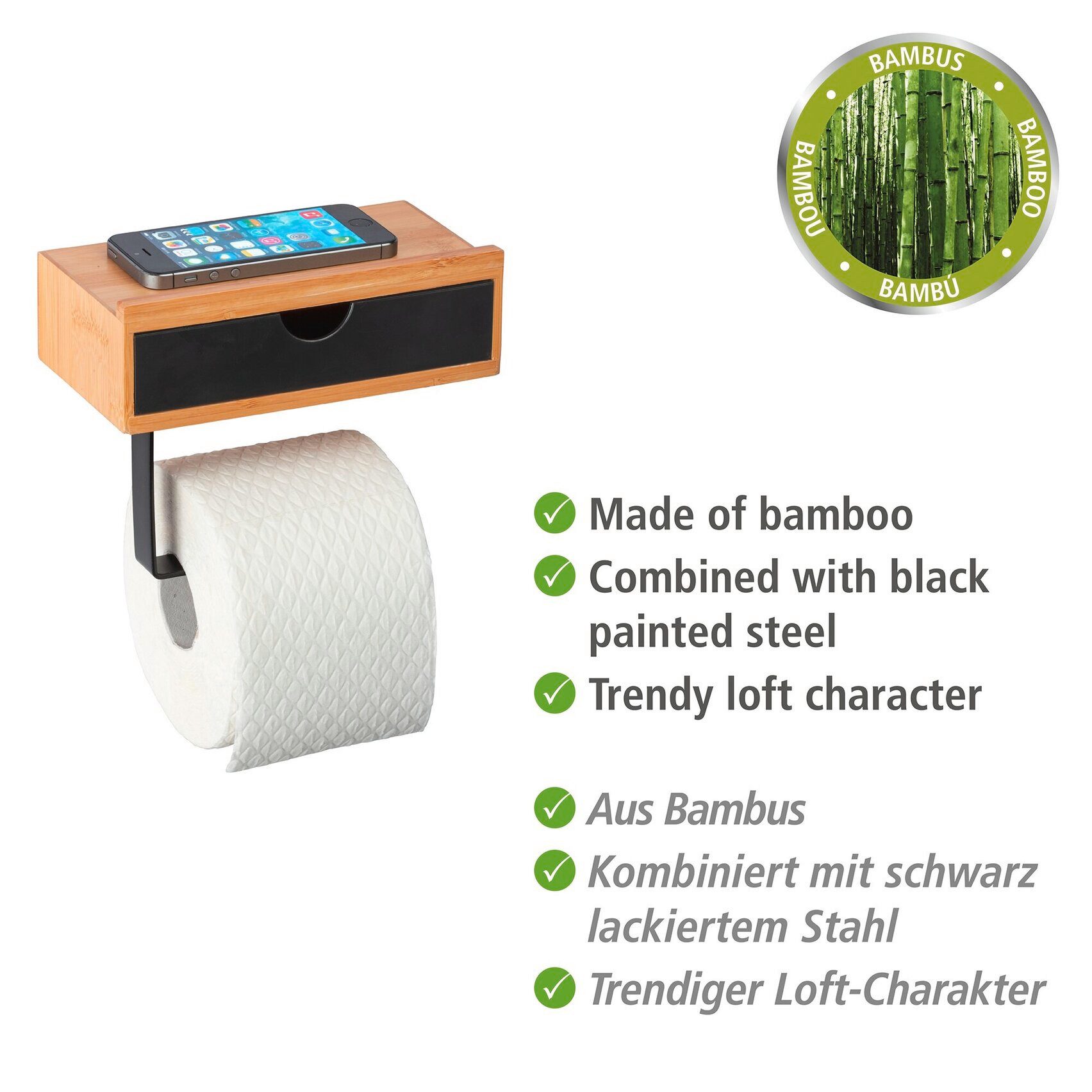 WENKO Toilettenpapierhalter Bambusa, mit Schublade, aus Bambus – Bild 3 von 5