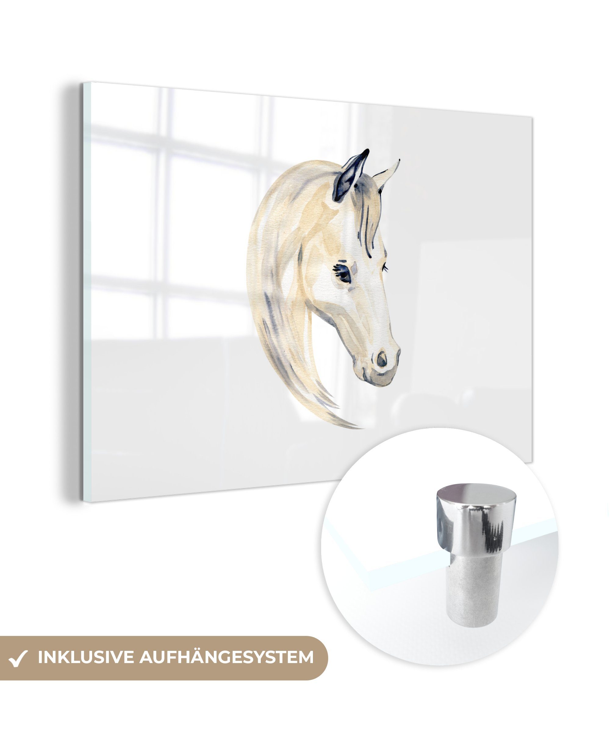 MuchoWow Acrylglasbild Pferd St), Aquarell (1 Wanddekoration Wandbild - - - Kinder - Weiß - - auf auf Foto Glas - - Mädchen, Mädchen Glas Glasbilder Bilder