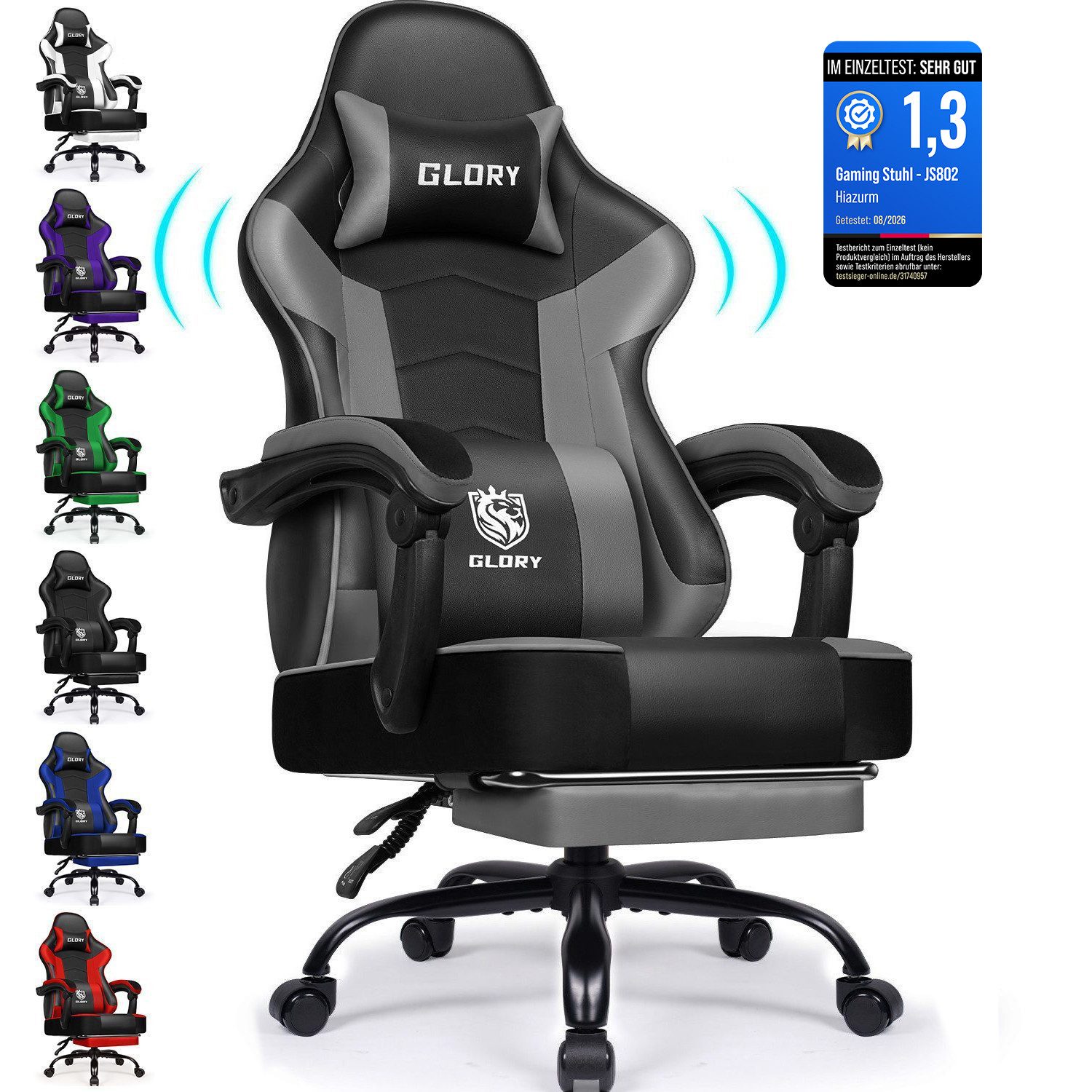 Hiazurm Gaming-Stuhl Gaming Stuhl, Bürostuhl Ergonomisch Wippfunktion bis zu 170° (Gaming Chair mit Fußstütze, 10 cm Höhenverstellung), Verstellbarem Lenden- & Kopfkissen, Gamer Stuhl 150kg Belastbarkeit