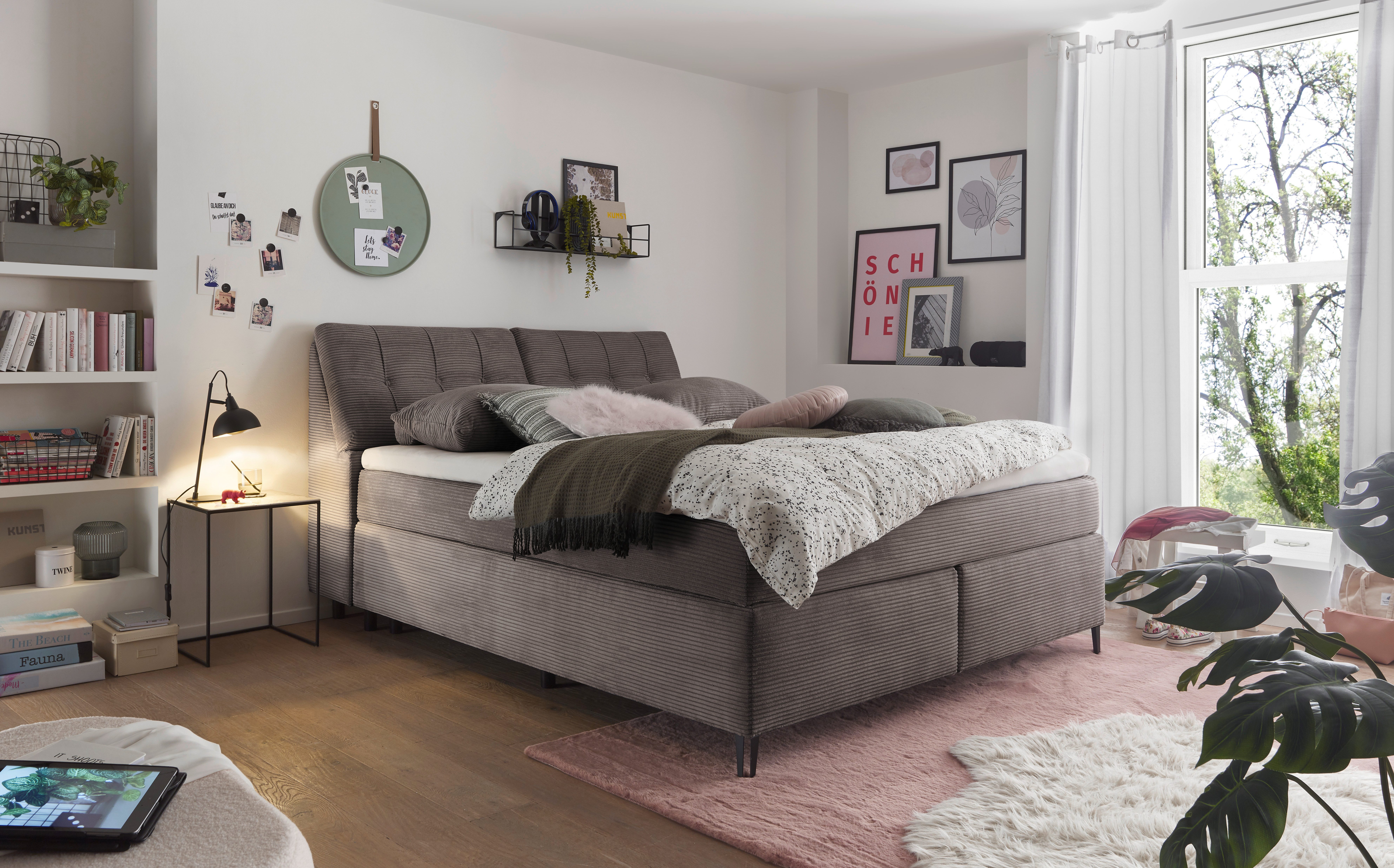 set one by Musterring Boxspringbett Fairfield, Kopfteil in Kassenoptik, Metallfuß schwarz, Breite 160 oder 180 cm