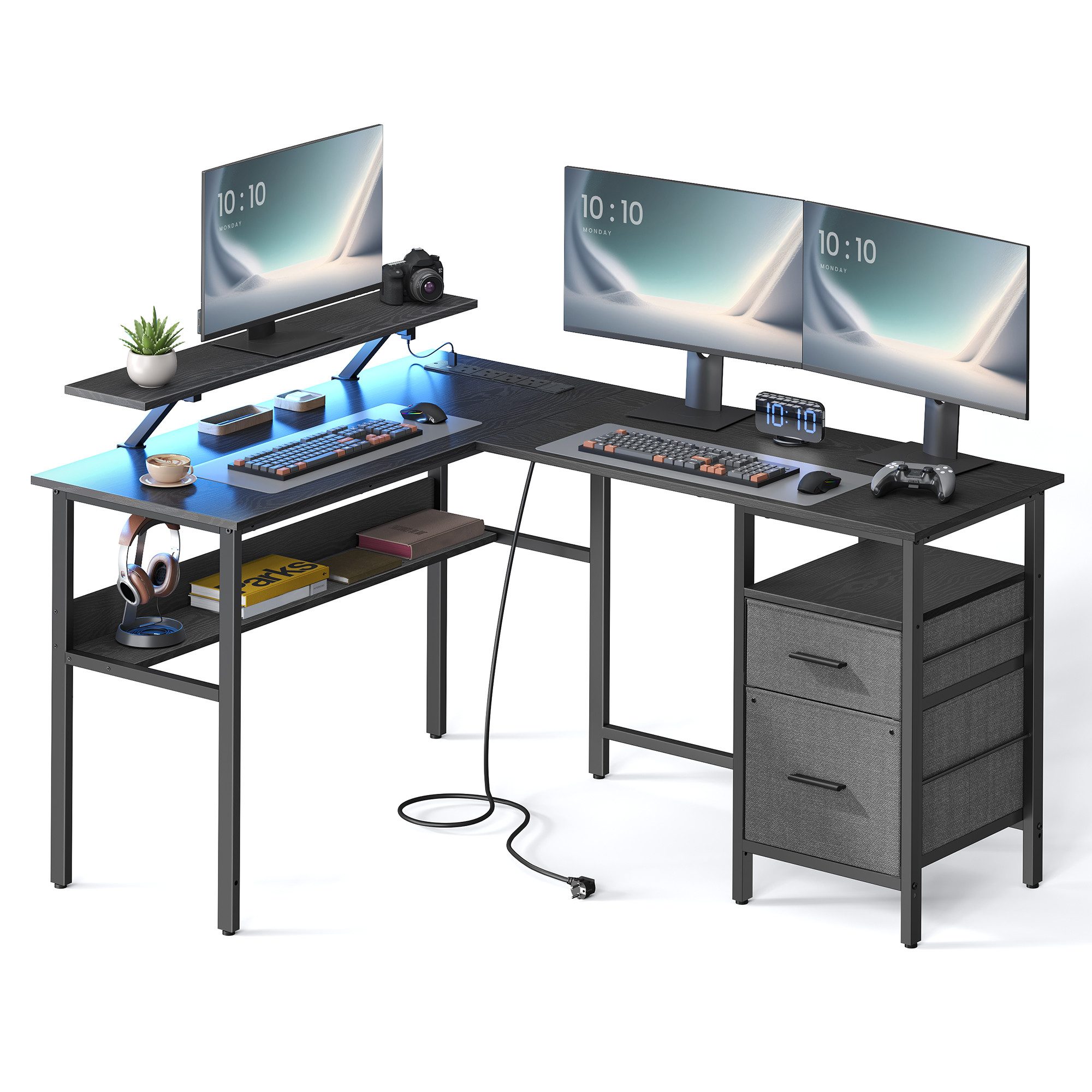 VASAGLE Schreibtisch, L-förmiger, mit Steckdosen, LED-Beleuchtung, USB-Anschlüsse