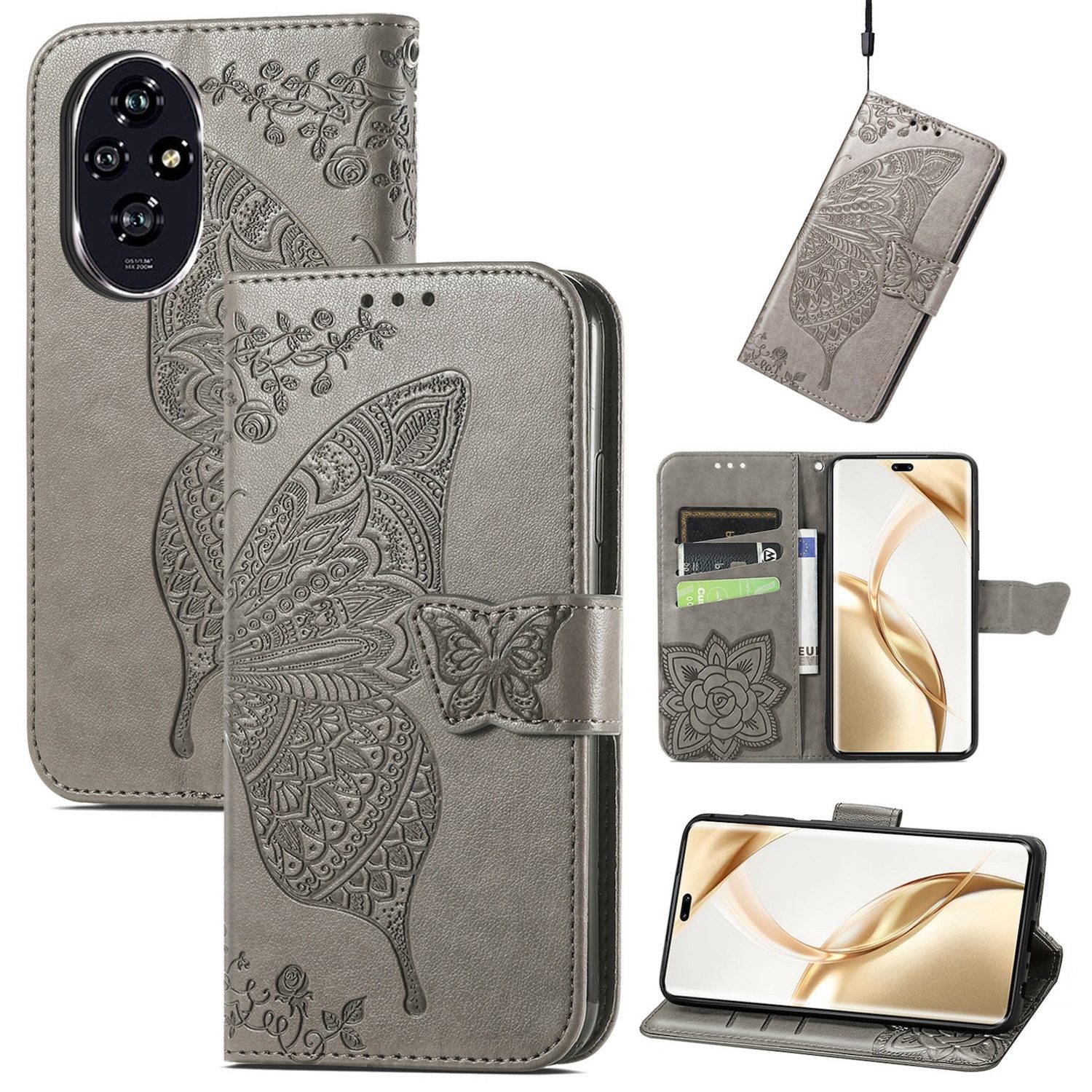 Wigento Smartphone-Hülle Für Honor 200 Pro Kunstleder Wallet Tasche Design Schmetterling Grau, Kunst-Leder Schutzhülle Smart Case Cover magnetischer Verschluss