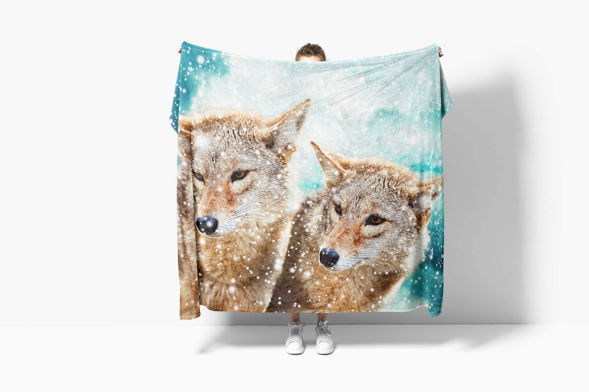 Sinus Art Handtücher Handtuch Strandhandtuch Baumwolle-Polyester-Mix Tiermotiv zwei mit Kuscheldecke Füchse Handtuch (1-St), Schnee, Saunatuch