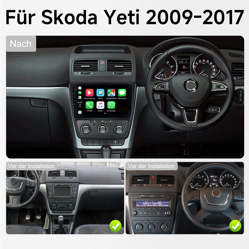 A-Sure Carplay Android 15 Autoradio GPS Navi für Skoda Yeti 5L 2009-2017 Autoradio (DSP, RDS, Digitalradio (DAB), 1280*720)