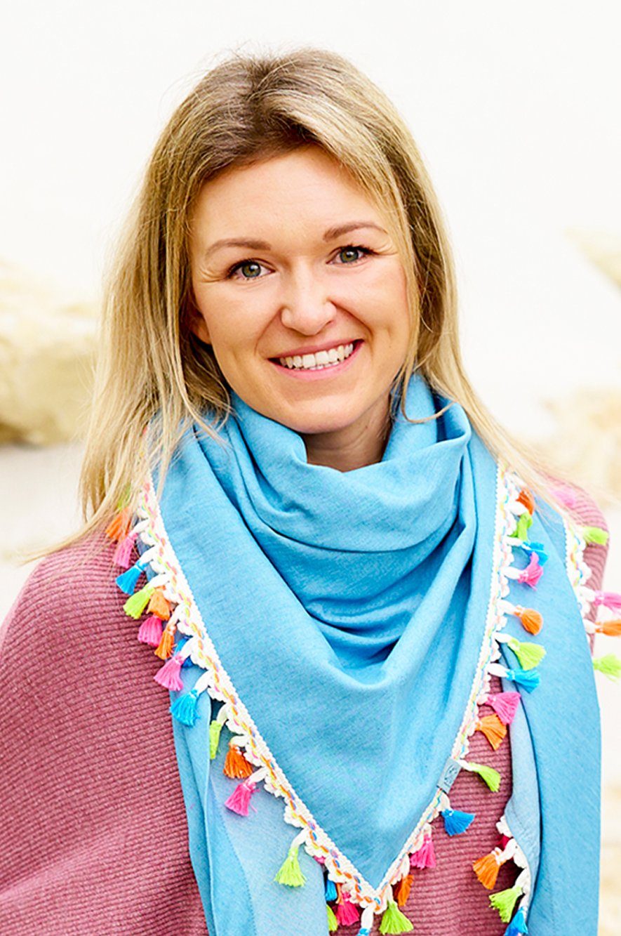 Wishproject® Halstuch Halstuch, Jeans hellblau & Bunte Quasten, Dreieckstuch