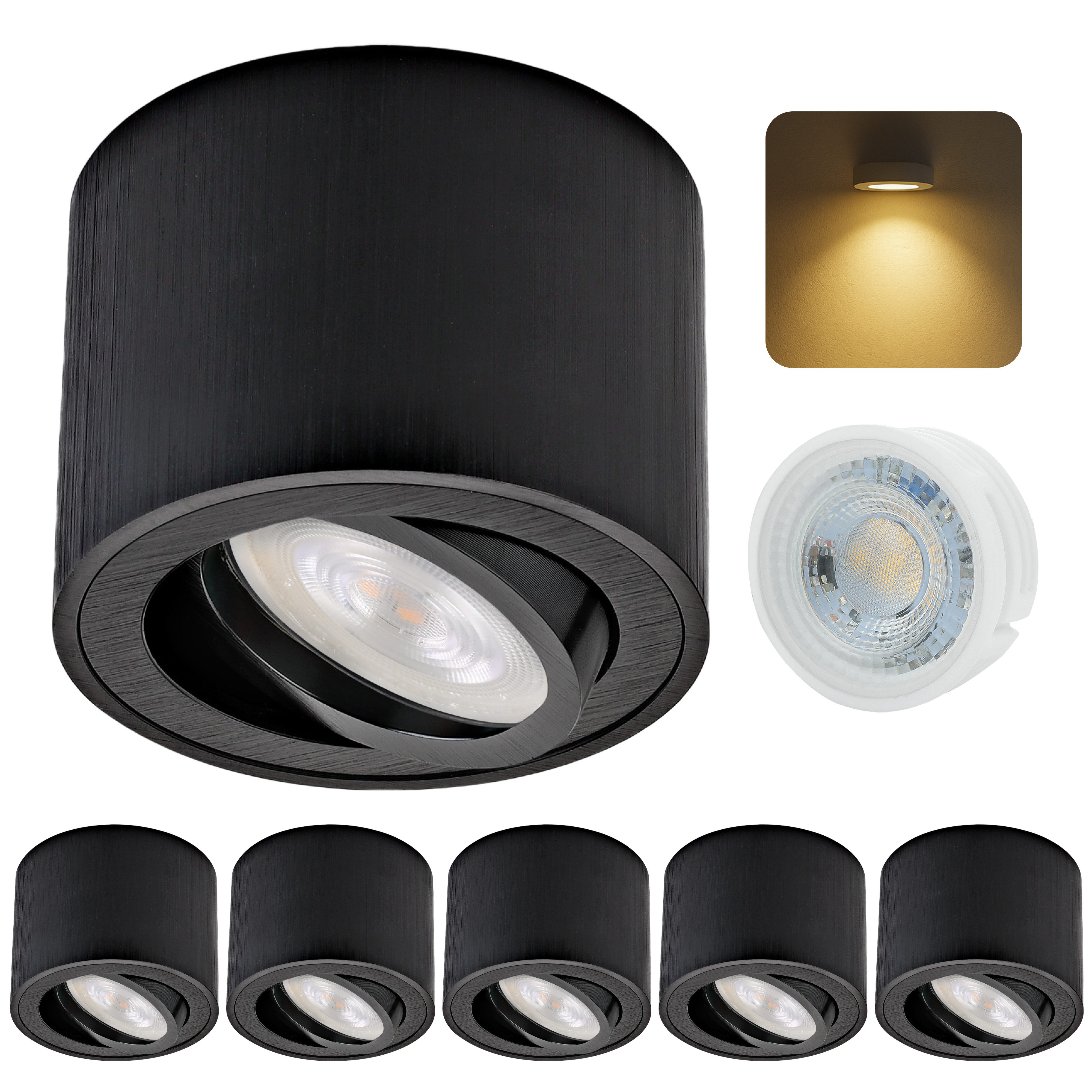 Sweet LED LED Накладной прожектор 6er Set flache LED Aufbauspots - rund & schwenkbar, 5 W, 230V, LED wechselbar, Warmweiß, LED Deckenlampe, Deckenspot, Deckenstrahler