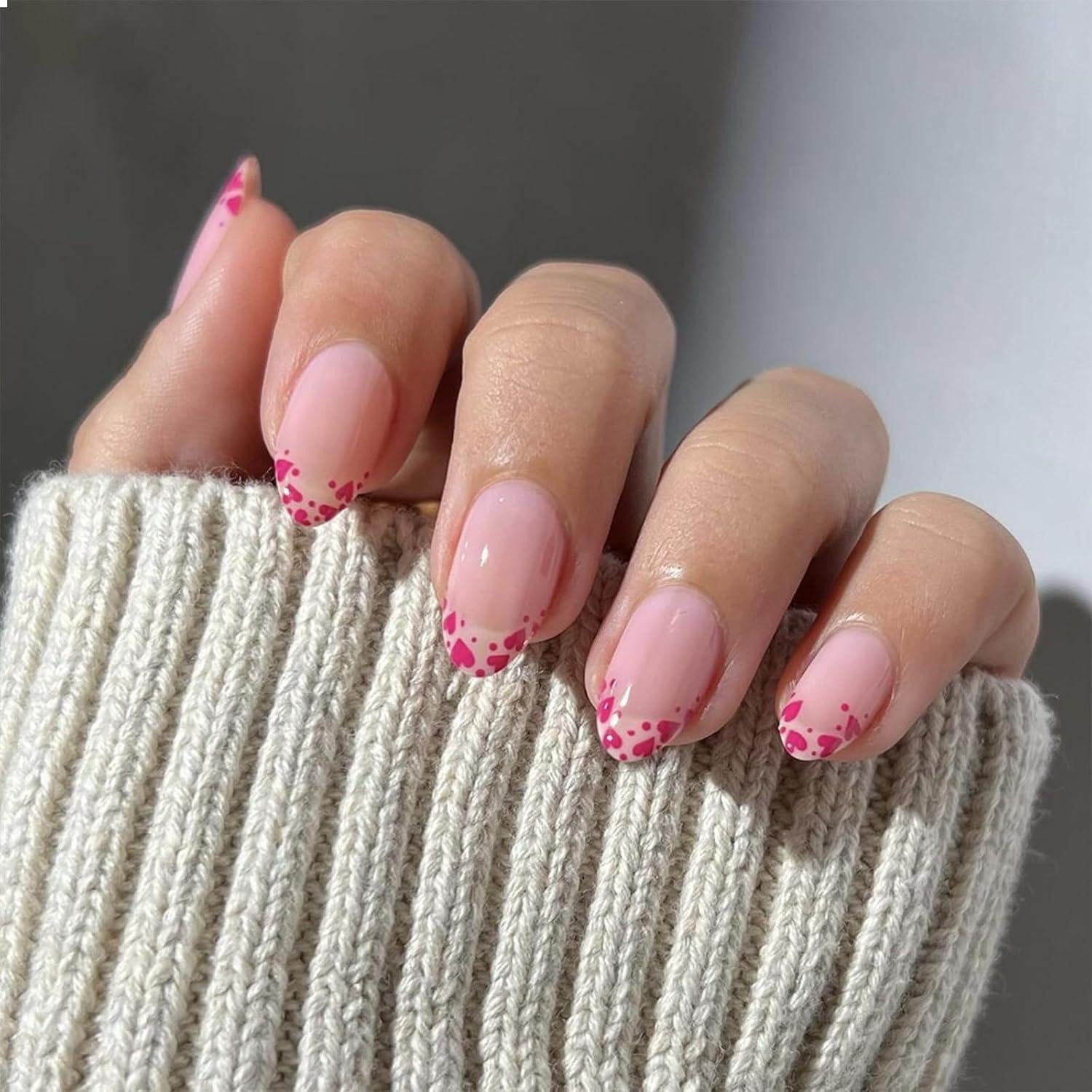 Kunstfingernägel Kurze Press-On Nagel Herz Mandel Spitze 24 Stück Pink