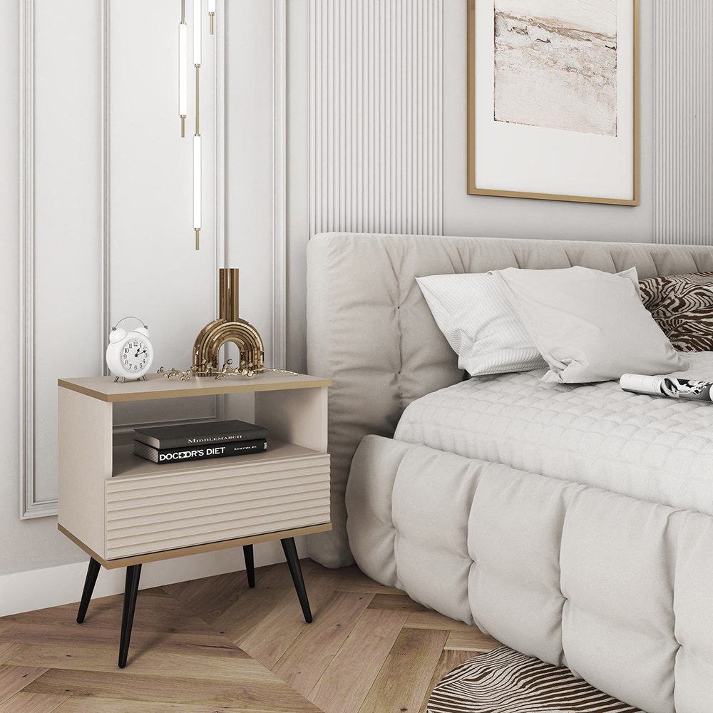 Lomadox Nachtschrank OLOVO-160 Beige, goldfarbenen Details, Rillenfront, Metallbeine in Schwarz