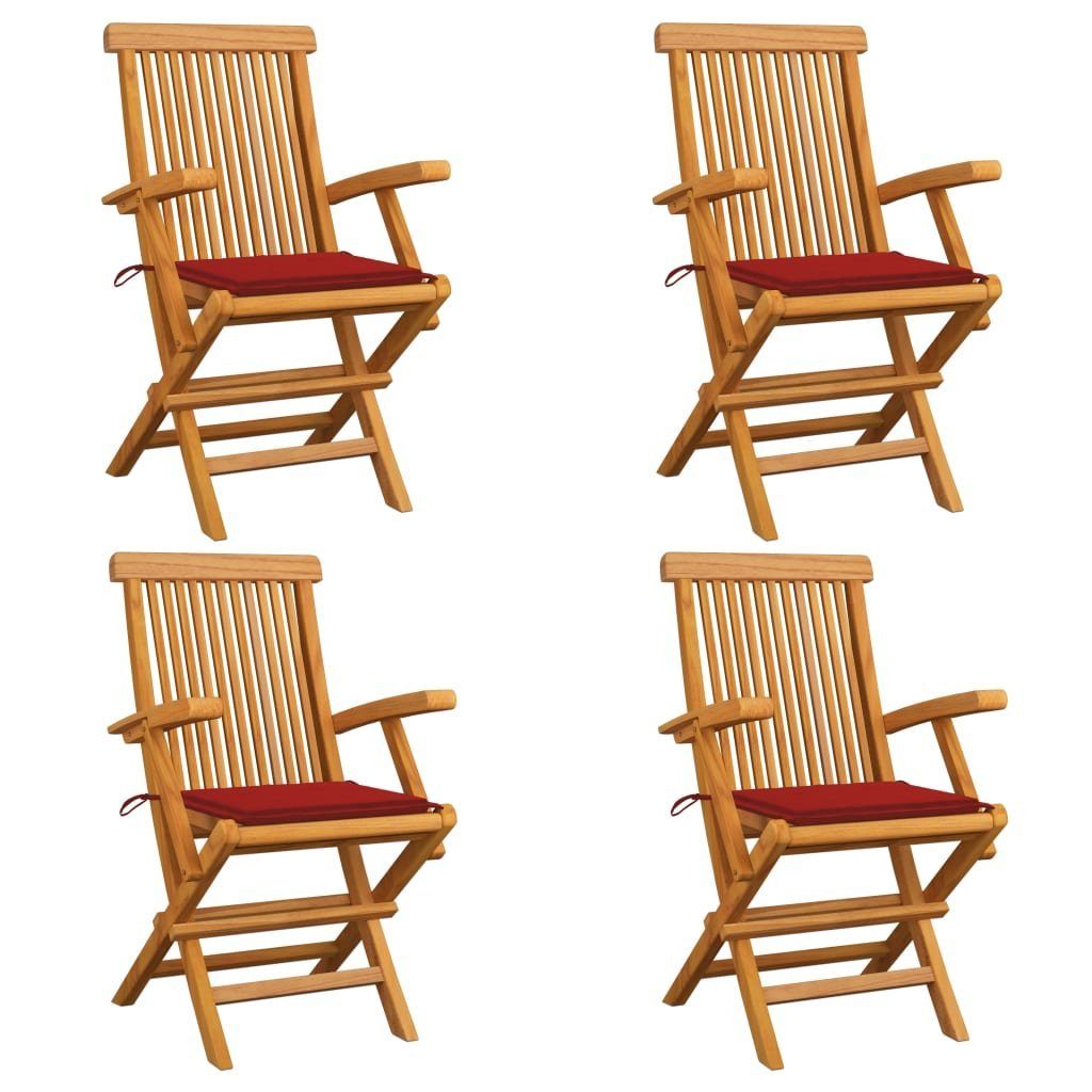 furnicato Gartenstuhl Gartenstühle mit Roten Kissen 4 Stk. Massivholz Teak | Stühle